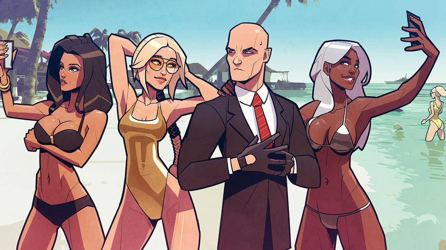 1boy 3girls agent_47 assassin bald balsamique big_breasts bikini bikini_bottom breasts busty cleavage dark-skinned_female dark_skin female hitman legs light-skinned_female light_skin lower_body male medium_breasts multiple_girls one-piece_swimsuit selfie shaved_head swimsuit swimwear tan_body tan_skin thighs upper_body voluptuous