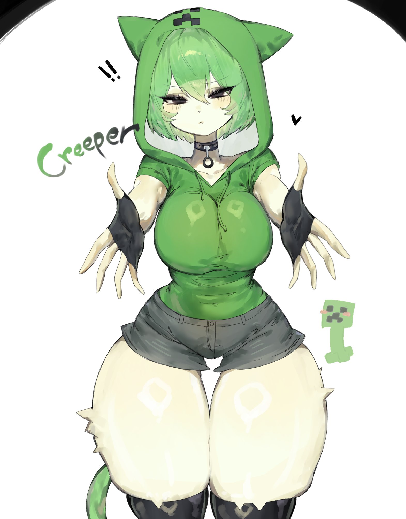 1girls, big breasts, black eyes, black thighhighs, blush, breasts, cat ears, cat humanoid, cat tail, catgirl, creeper, creeper (minecraft), english text, eyelashes, female, female only, fingerless gloves, green hair, hi res, hoodie, humanoid, looking at viewer, minecraft, outstretched arms, short shorts, short sleeves, shorts, solo, tail, text, thick thighs, thigh gap, thighhighs, toge77789, togetoge, white background, wide hips