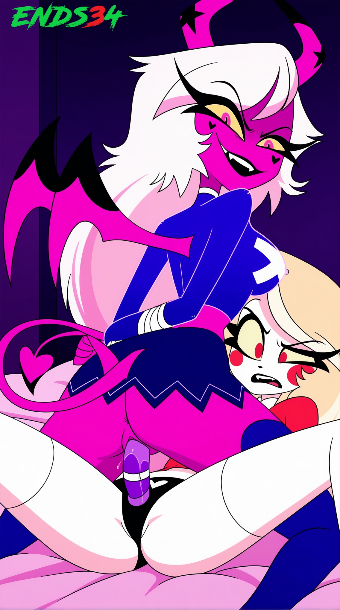 2025, ai generated, big breasts, blonde hair, breasts, charlie morningstar (hazbin hotel), ends34, hazbin hotel, helluva boss, long hair, miniskirt, verosika mayday (helluva boss)