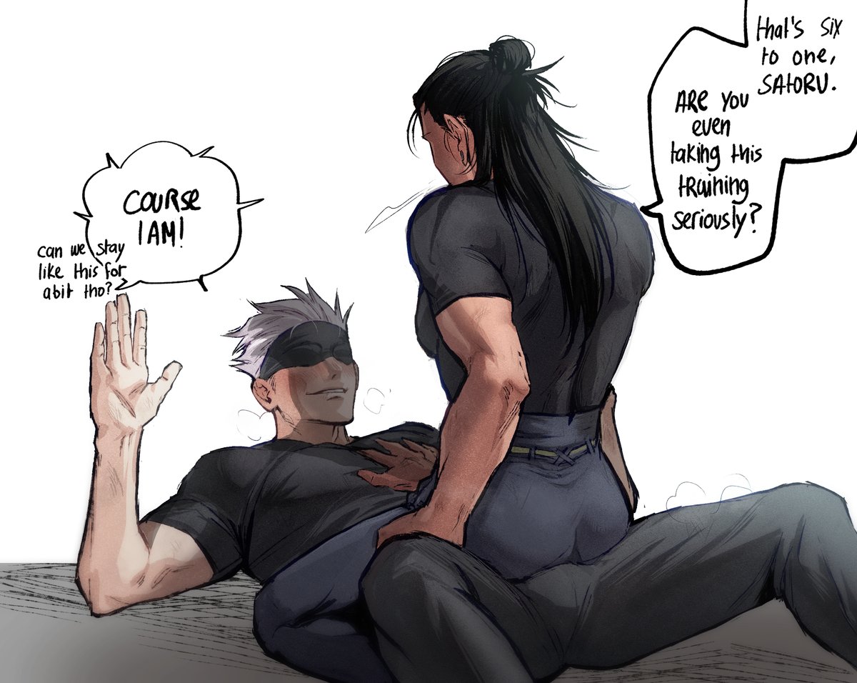 2025, 2boys, ass, blindfold, blindfolded, blush, bulge, clothed ass, dialogue, duo, english text, fully clothed, gay, hi res, human, human on human, jujutsu kaisen, lying, lying on back, male, male only, male/male, on back, owwllly, satoru gojo, sitting on another, sitting on bulge, smile, spread legs, spreading, straddling, suguru geto, teeth, text, yaoi