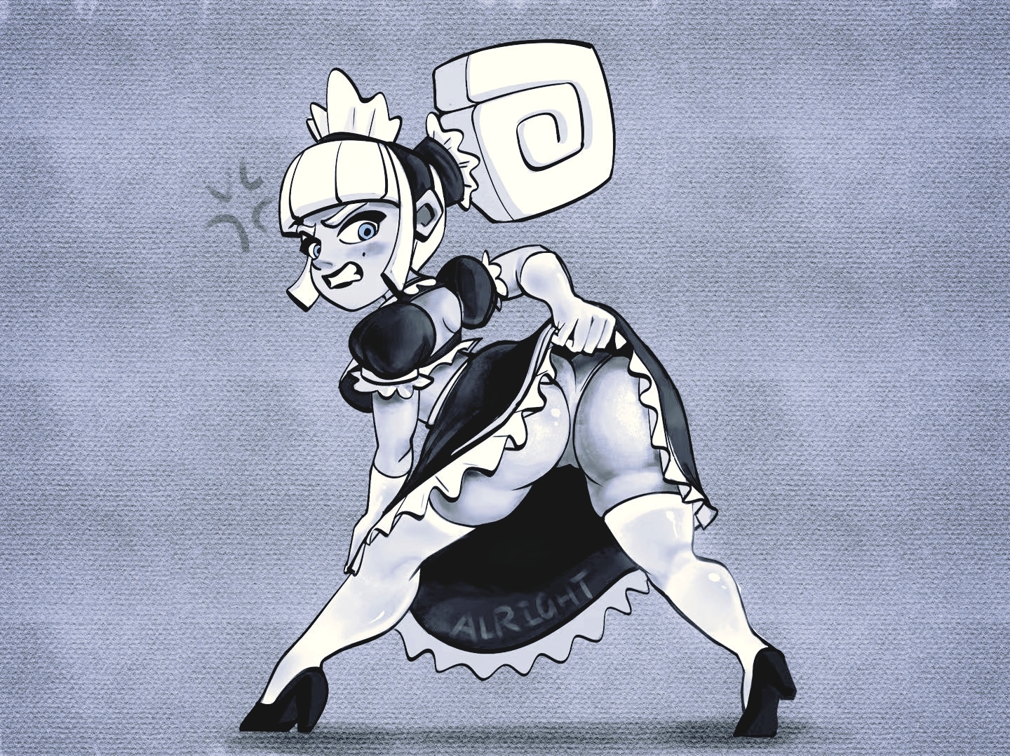 1girls, 2d, 2d (artwork), angry, angry expression, angry face, ass, ass focus, bending forward, bending over, black and white, blue eyes, butt crack, clash (series), clash royale, dagger duchess (clash royale), female, female focus, female only, gritting teeth, lifting skirt, looking back, looking down, maid, maid headdress, maid outfit, maid uniform, panties, revealing, royalty, spread legs, thigh highs