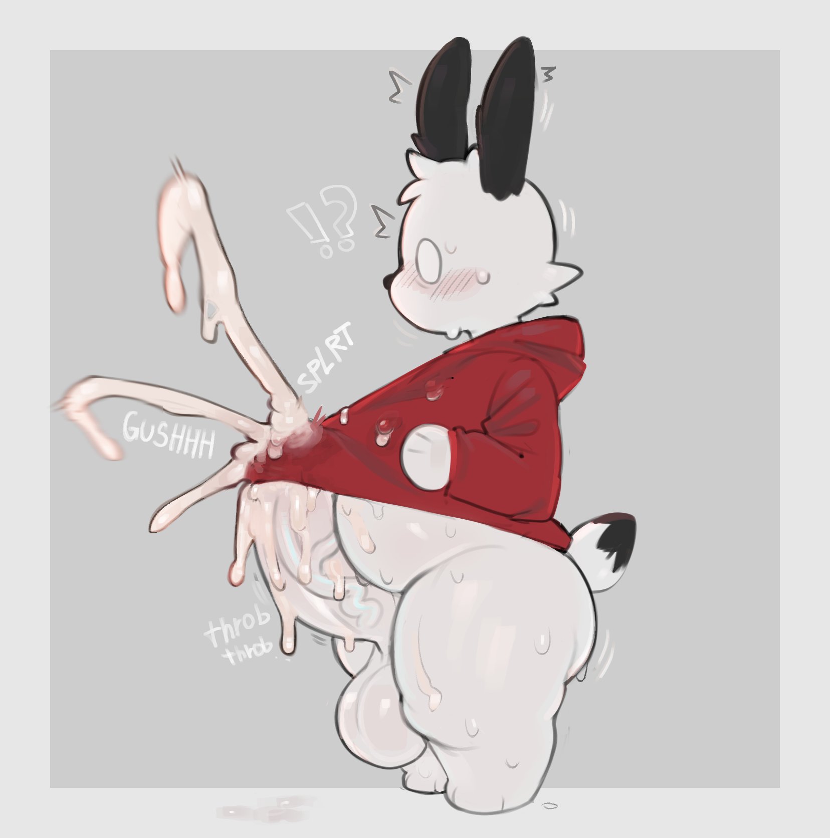 black ears, black nose, blush, blush lines, blushing, canine, chubby, cum, cum drip, exclamation point, floppy ears, fur, huge cock, male, male only, onomatopoeia, paws, penis, pochacco, pochiiwa, puppy, question mark, red sweater, sanrio, shocked, shocked expression, short tail, sweater, thick thighs, veiny penis, white fur, white tail