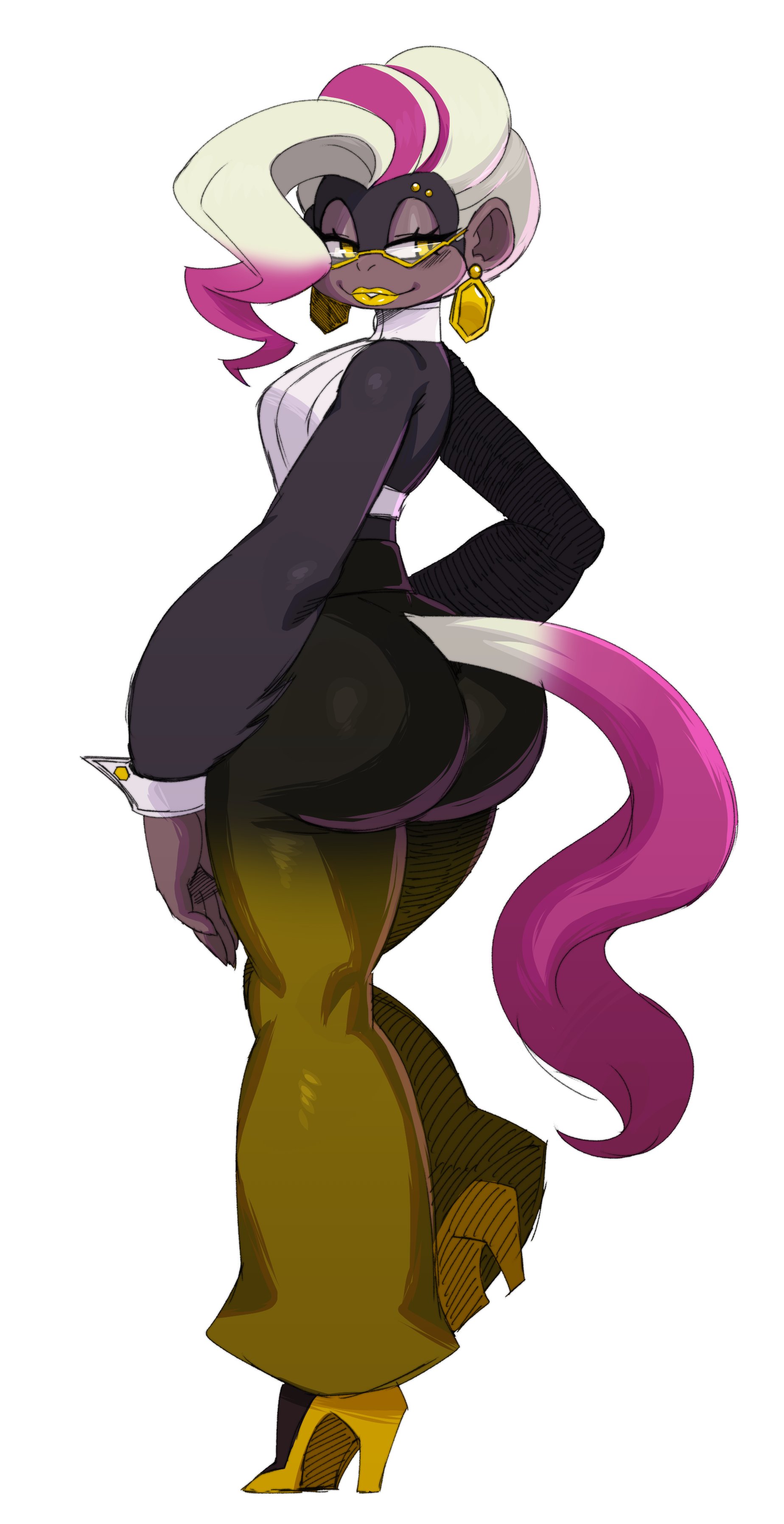 2025, absurd res, anthro, backless clothing, big ass, clothing, cuffs (clothing), dipstick tail, donkey kong (series), donkey kong bananza, ear ring, eyewear, female, female only, glasses, golden lipstick, hair, haplorhine, high heels, kong, mammal, monkey, multicolored hair, nintendo, poppy kong, primate, shoes, smile, solo, sssonic2, tail, two-tone hair