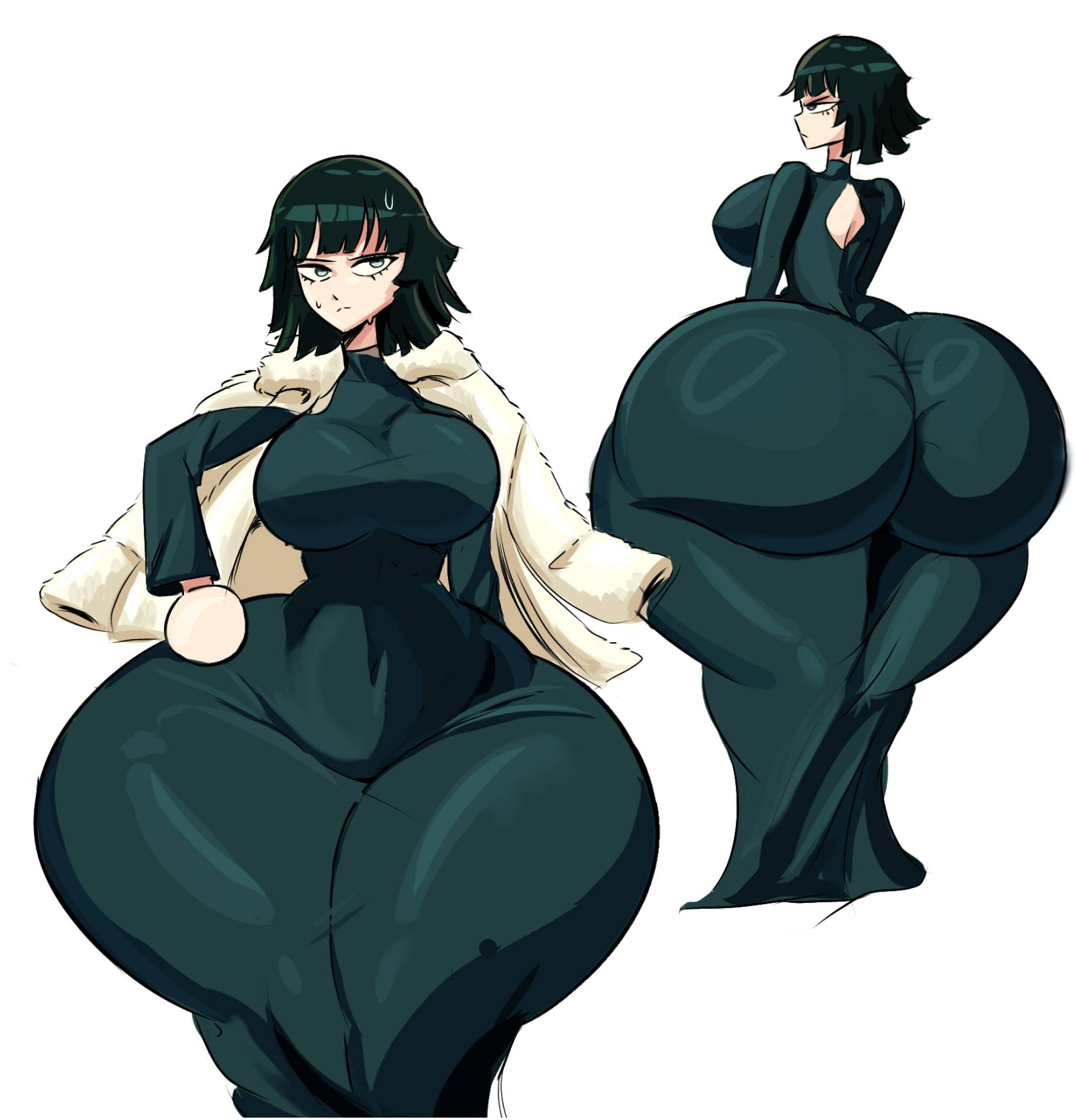 ?, 1girls, 2d, annoyed, annoyed expression, ass, ass body, ass focus, bald, bangs, big ass, big breasts, big butt, big thighs, bob cut, bottom heavy, bottomless female, bowl cut, breasts, bubble ass, bubble butt, child bearing hips, clothing, coat, curvaceous female, curvaceous figure, curves, curvy body, curvy figure, curvy hips, dark green hair, deviantart link, different angle, dress, dress inside ass, dumptruck ass, dumptruck butt, dumpy, fair skin, fair-skinned female, fair-skinned female body, fair-skinned male, fat ass, female, female focus, female only, fubuki (one-punch man), fully clothed, fur coat, gigantic ass, gigantic butt, gluteal fold, green dress, hand on hip, hips wider than shoulders, hourglass figure, huge ass, huge breasts, jpeg, large ass, large breasts, large butt, looking at another, massive ass, massive hips, massive thighs, mob psycho 100, multiple sources, no background, one (mangaka), one punch man, one-punch man, pear shaped, pear-shaped figure, round ass, round butt, saitama, salasisra, same character, shigeo kageyama, short hair, simple background, slsa lea, slsisra, sweating, sweaty, thick as fuck, thick ass, thick butt, thick hips, thick thighs, thighs, thin waist, thought bubble, thunder thighs, thunderthighs, twitter link, voluptuous, voluptuous body, voluptuous female, white background