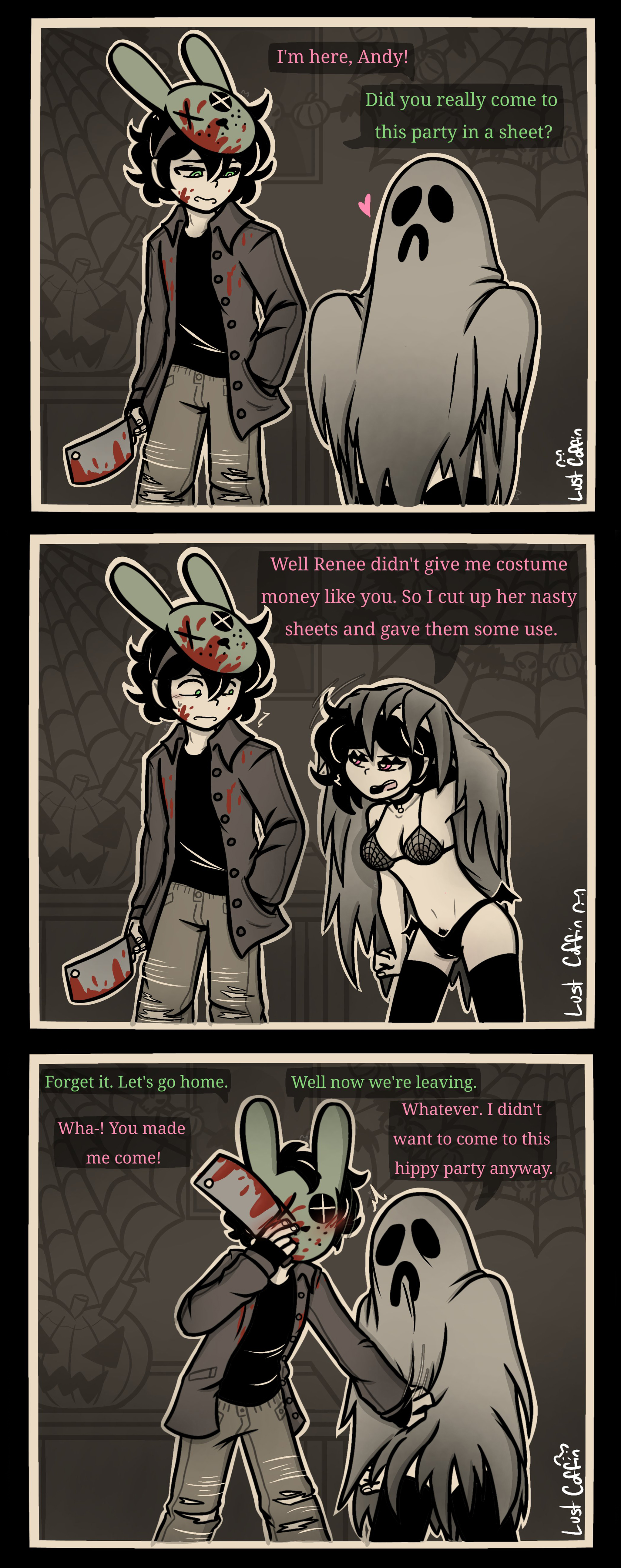 1boy, 1girls, 2d, andrew graves, ashley graves, black hair, blush, bra, breasts, brother and sister, comic, comic strip, covering, dialogue, embarrassed, english text, female, ghost, green eyes, halloween, halloween costume, incest, lust coffin, male, mask, panties, pink eyes, pubic hair, public, public exposure, see-through bra, see-through clothing, siblings, the coffin of andy and leyley