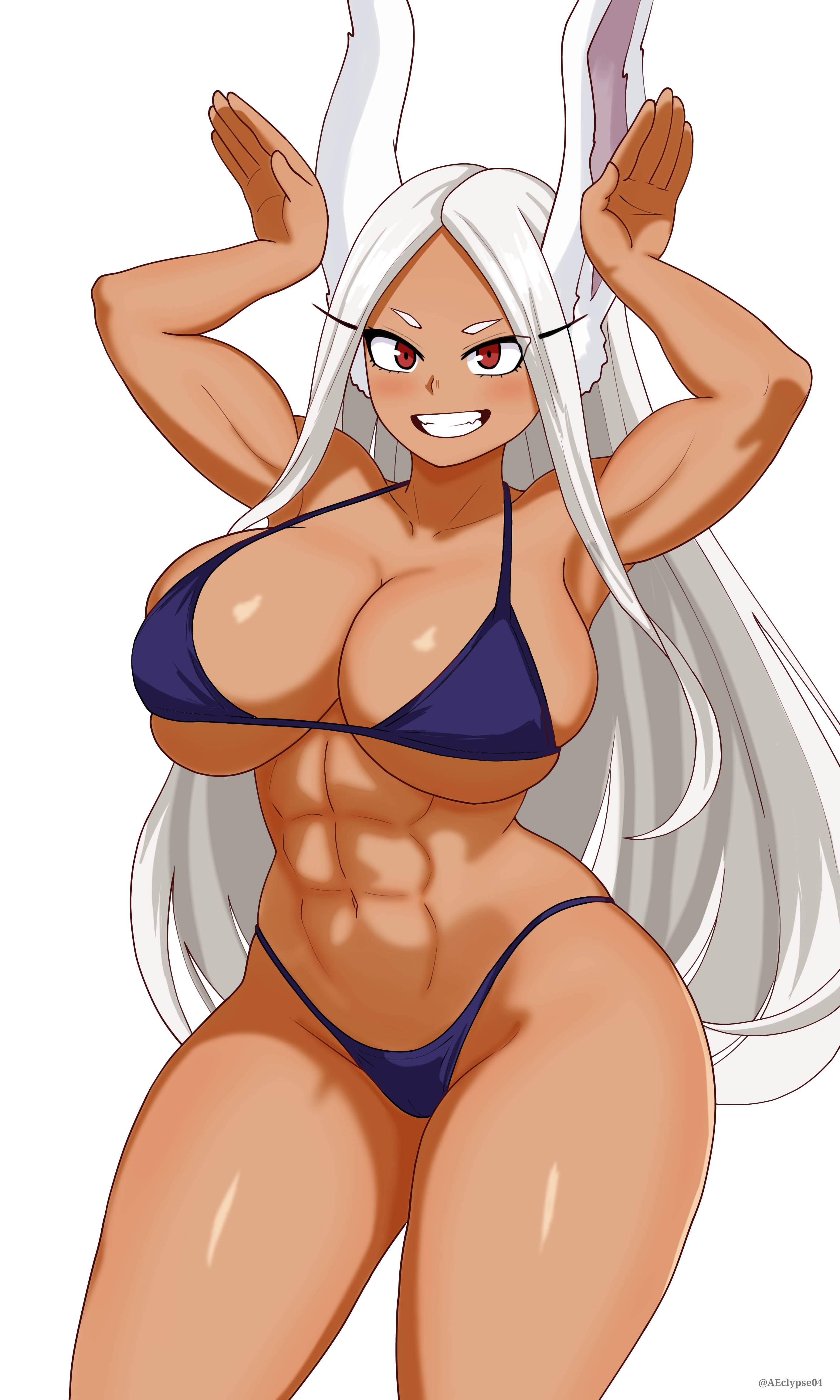 :d, abs, absurdres, animal ears, arms up, bikini, blush, boku no hero academia, breasts, cleavage, collarbone, contrapposto, dark skin, dark-skinned female, eclypse, female, hands up, highres, large breasts, long eyelashes, long hair, looking at viewer, miruko, muscular, muscular female, my hero academia, navel, parted bangs, purple bikini, rabbit ears, rabbit girl, rabbit pose, red eyes, rumi usagiyama, skindentation, smile, solo, stomach, swimsuit, thick thighs, thighs, twitter username, underboob, very long hair, white hair