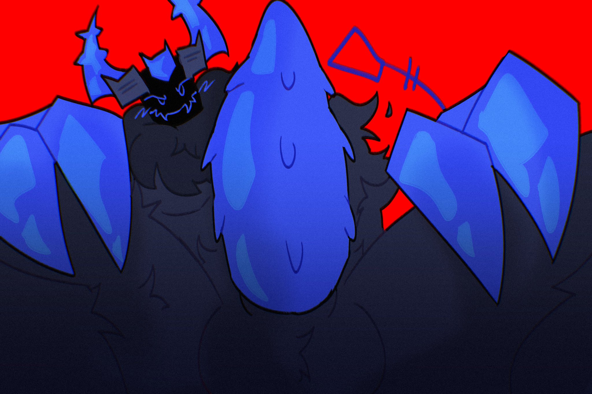 animal genitalia, balls, barbed penis, claws, color, erection, fan character, fangs, forsaken (roblox), fur, guest 666 (forsaken), horns, looking at viewer, male, male only, oc, penis, red background, roblox, roblox game, robloxian, solo, tagme, tail, zarra2069772