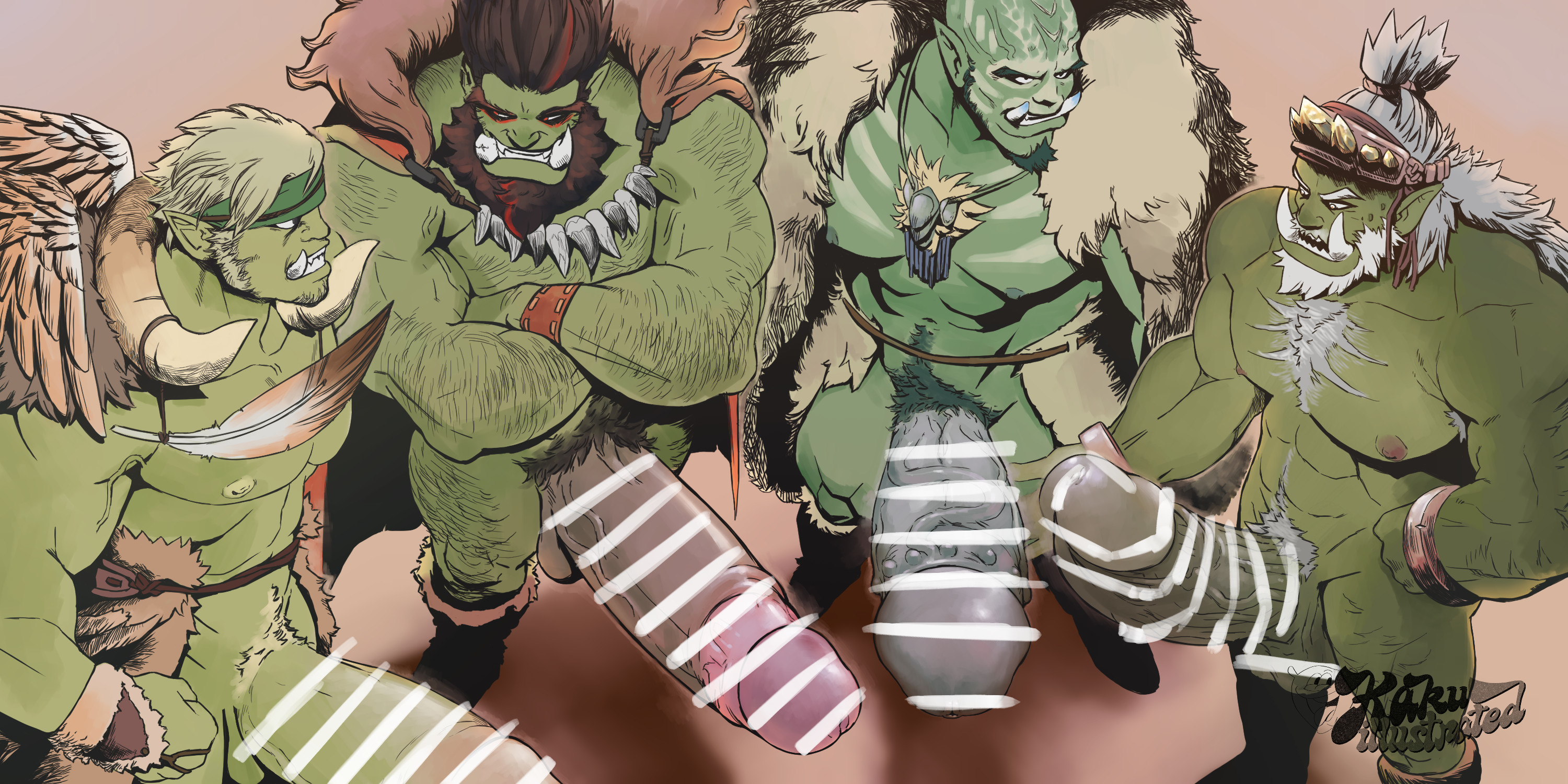 abs, balls, bara, biceps, big balls, big penis, censored, daddy, dilf, erection, gay, green body, green skin, green-skinned male, huge cock, kakuillustrate, male, male nipples, male only, male/male, manly, mature male, muscular, muscular male, nipples, nude, orc, orc male, pecs, penis, teeth, teeth visible, tusks