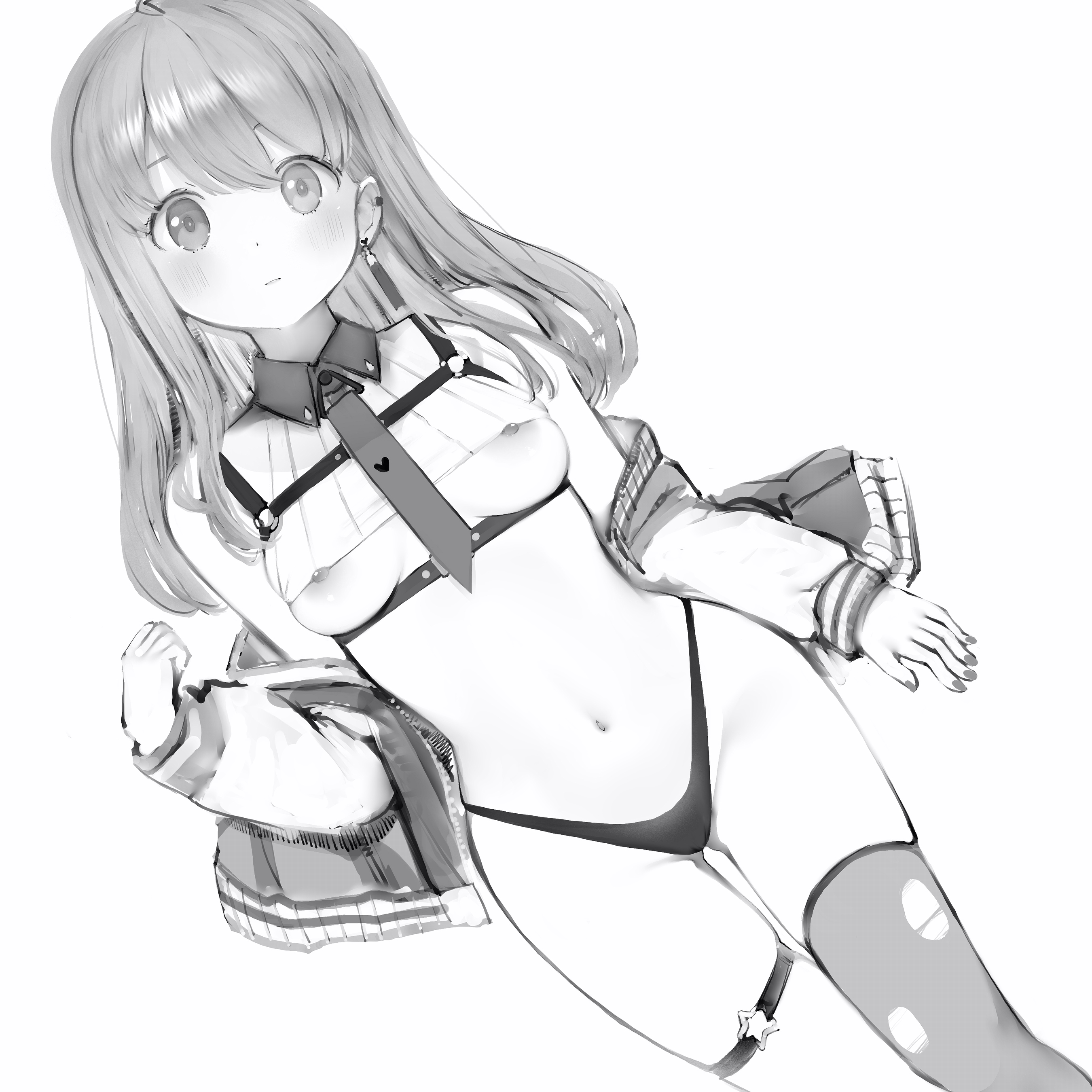 absurdres, ahoge, areola slip, blush, breasts, chest belt, chest harness, closed mouth, ear piercing, earrings, female, fingernails, greyscale, harness, heart, heart earrings, highres, himemori luna, himemori luna (streetwear), hololive, jacket, jewelry, long hair, long sleeves, looking at viewer, monochrome, nanashi (nlo), navel, necktie, nipple slip, nipples, o-ring, o-ring harness, o-ring thigh strap, open clothes, open jacket, panties, piercing, ribbed shirt, shirt, simple background, single thighhigh, solo, star o-ring, stomach, thigh strap, thighhighs, thighs, torn clothes, torn thighhighs, underboob, underwear, virtual youtuber, white background