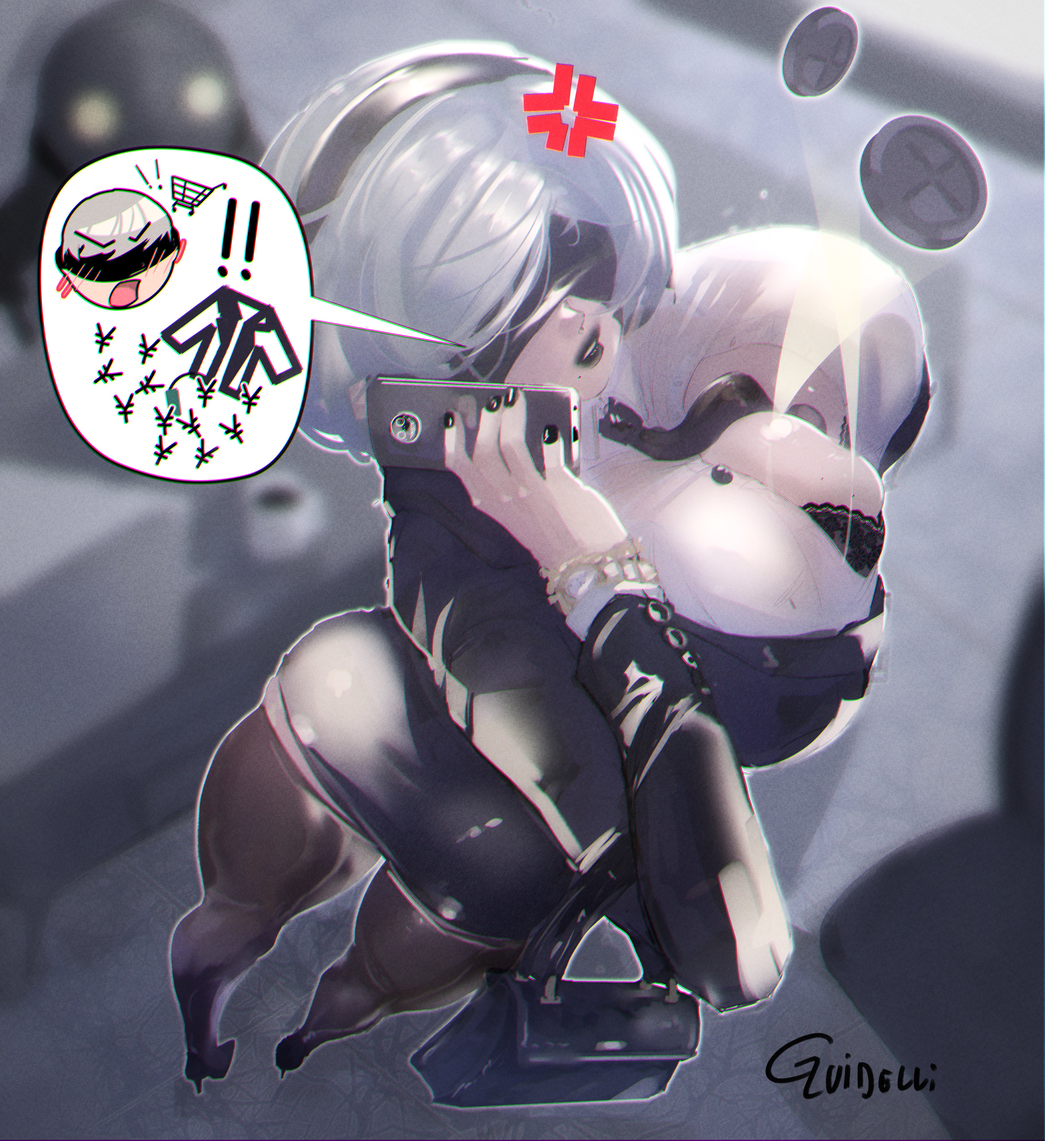 1girls, anger vein, ass, big ass, big breasts, black lipstick, bra, breasts, cleavage, female, female only, guidelli art, hair ornament, large breasts, lipstick, nier, nier: automata, office lady, pantyhose, phone, tagme, white hair, yorha 2b