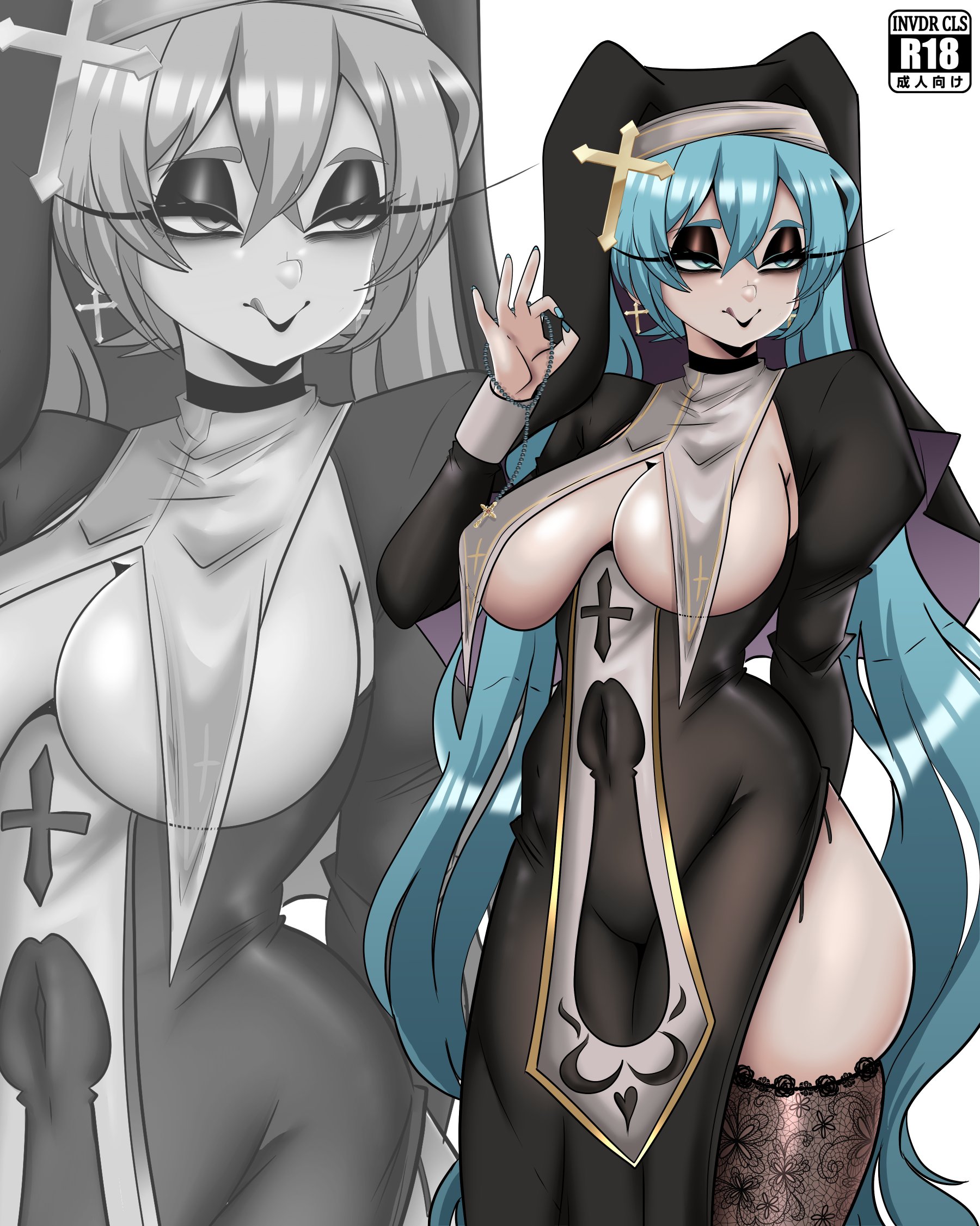 :q, 1girl, 1girls, aqua hair, bags under eyes, black eyeshadow, blue eyes, blue hair, breasts, covered navel, cross, cross earrings, dress, earrings, eyelashes, female, female only, goth, habit, hatsune miku, hi res, invdrcls, jewelry, large breasts, long eyelashes, long hair, narrowed eyes, nun, nun hat, nun's habit, smile, solo, stockings, thick thighs, thighhighs, twintails, very long hair, vocaloid, zoom layer