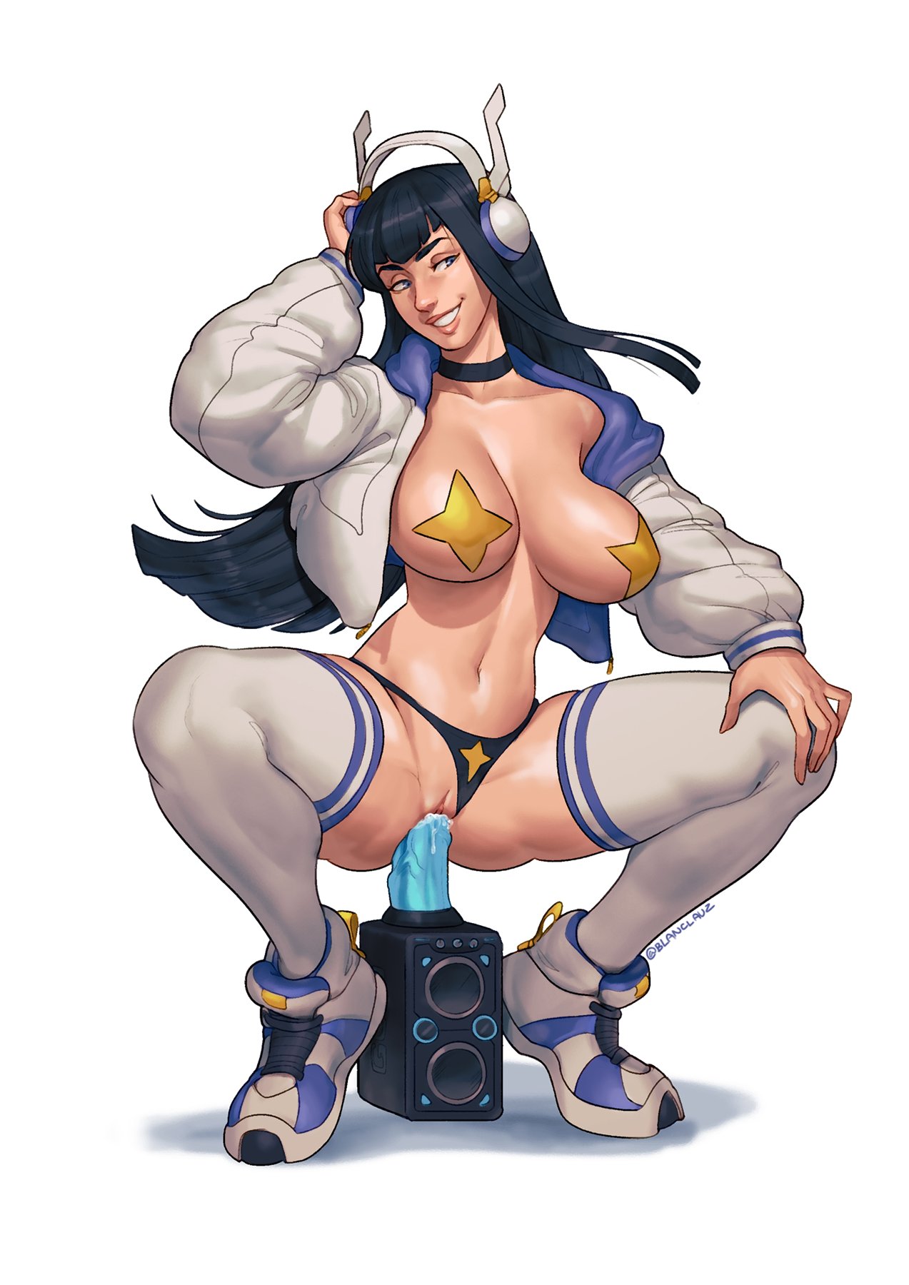 bad_censor big_breasts blanclauz covering dildo grin headphones jacket kill_la_kill kiryuuin_satsuki large_breasts long_hair masturbation no_bra open_clothes panties_aside pussy sex sex_toy sneakers squatting star_pasties thighhighs vaginal_penetration white_background