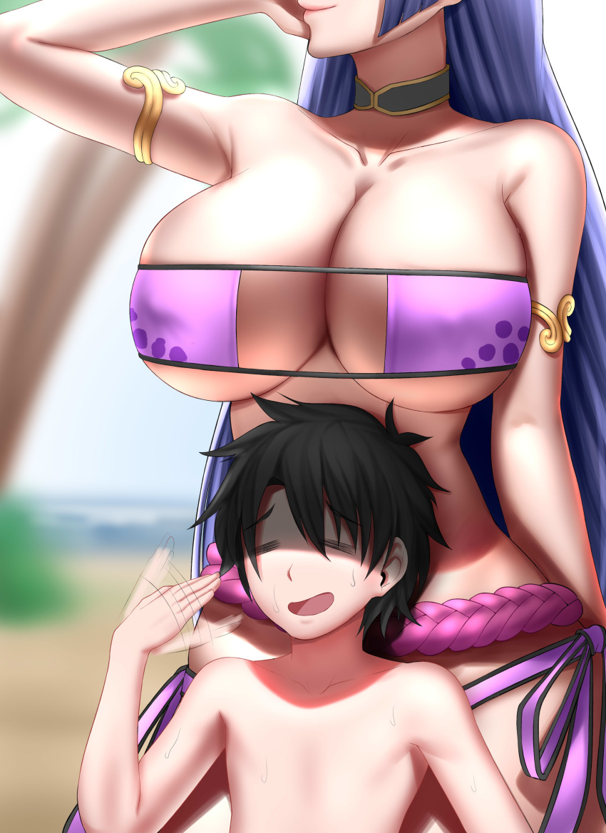 2024, armpits, background, breasts, color, colored, dark hair, eyepatch bikini, fat breasts, fate (series), fate/grand order, female, flat belly, fujimaru ritsuka (male), huge breasts, human, light skin, light-skinned female, lips, male, milf, minamoto no raikou (fate/grand order), naiver, nipples covered, open mouth, pov, purple hair, smaller male, summer, swimsuit, taller female