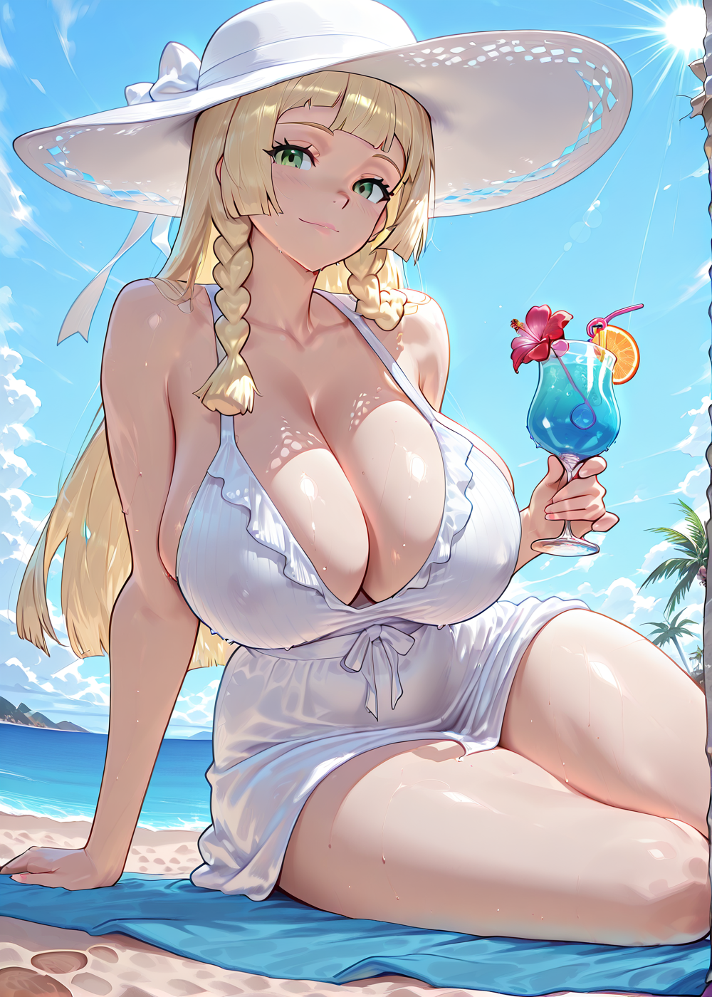 1girls, ai generated, alternate ass size, alternate body type, alternate breast size, beach, beautiful, beautiful girl, beauty, below view, blonde female, blonde hair, blonde-haired female, body modification, breasts, breasts bigger than head, cleavage, clothed, clothing, cocktail, day, daytime, dress, elisabeth cheria, female, female focus, female only, from below, gigantic breasts, gigantic butt, huge breasts, hyper, hyper breasts, large breasts, light, lillie (pokemon), long blonde hair, long hair, mommy, mommy milker, mommy milkers, ocean, ocean background, open clothes, open eyes, patreon, pokemon, pokemon sm, pokemon trainer, sand, sexy, sexy body, sexy female, sexy pose, solo, solo female, solo focus, stretched clothing, sugestive pose, suggestive, suggestive gesture, suggestive posing, sun, sunlight, tight clothing, trainer, white dress