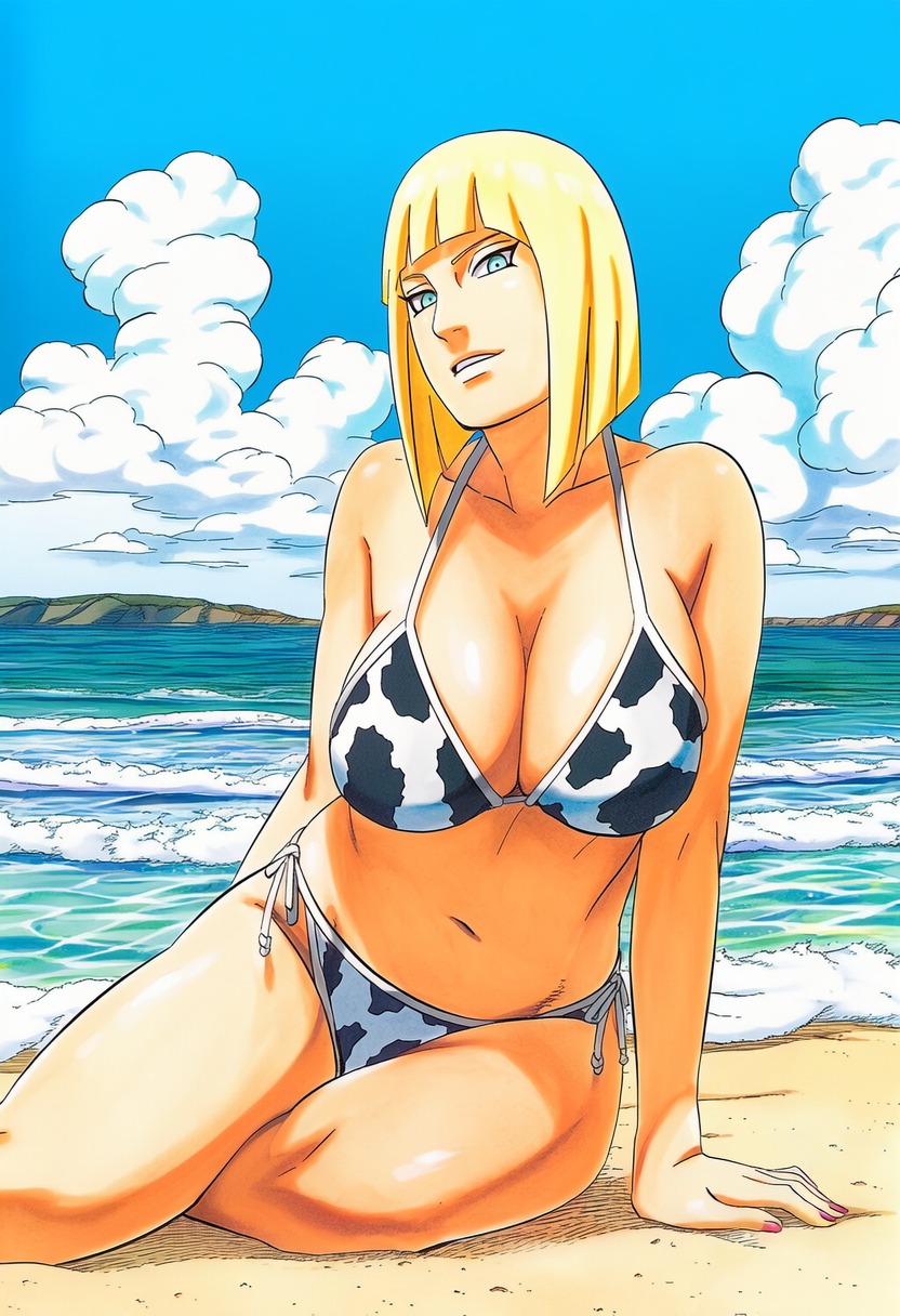 1girls, accurate art style, ai generated, animal print, animal print bikini, beach, big breasts, bikini, bikini bottom, bikini top, blonde hair, blue eyes, blunt bangs, blush, bob cut, breast focus, breasts, breasts out, busty, cleavage, cowprint, cowprint bikini, exposed breasts, female, female only, fishnets, flashing breasts, huge breasts, large breasts, long hair, manga style, masashi kishimoto style, mature, mature female, midriff, milf, naruto, naruto (series), naruto shippuden, nipples, ocean, oppai, outdoors, parted lips, pinup, pose, posing, pulled by self, revealing swimsuit, samui, seaside, seducing, seductive, seductive eyes, seductive look, seductive mouth, shore, short hair, sitting, skimpy, skimpy bikini, solo, solo focus, swimsuit, upper body, voluptuous, voluptuous female, ㅇㅇ