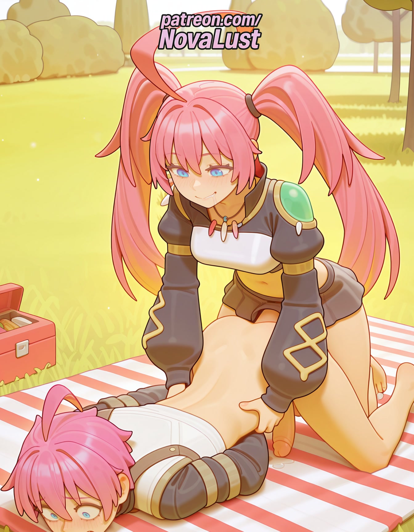 1boy, 1futa, 2025, ahoge, ai generated, anal, artist name, blue eyes, bottomless, cock, dick, drooling, futa on male, futanari, hi res, high quality, high resolution, highres, intersex, male, milim nava, novalust, otoko no ko, patreon, patreon username, penis, pink hair, stable diffusion, striped, tensei shitara slime datta ken, twintails, watermark
