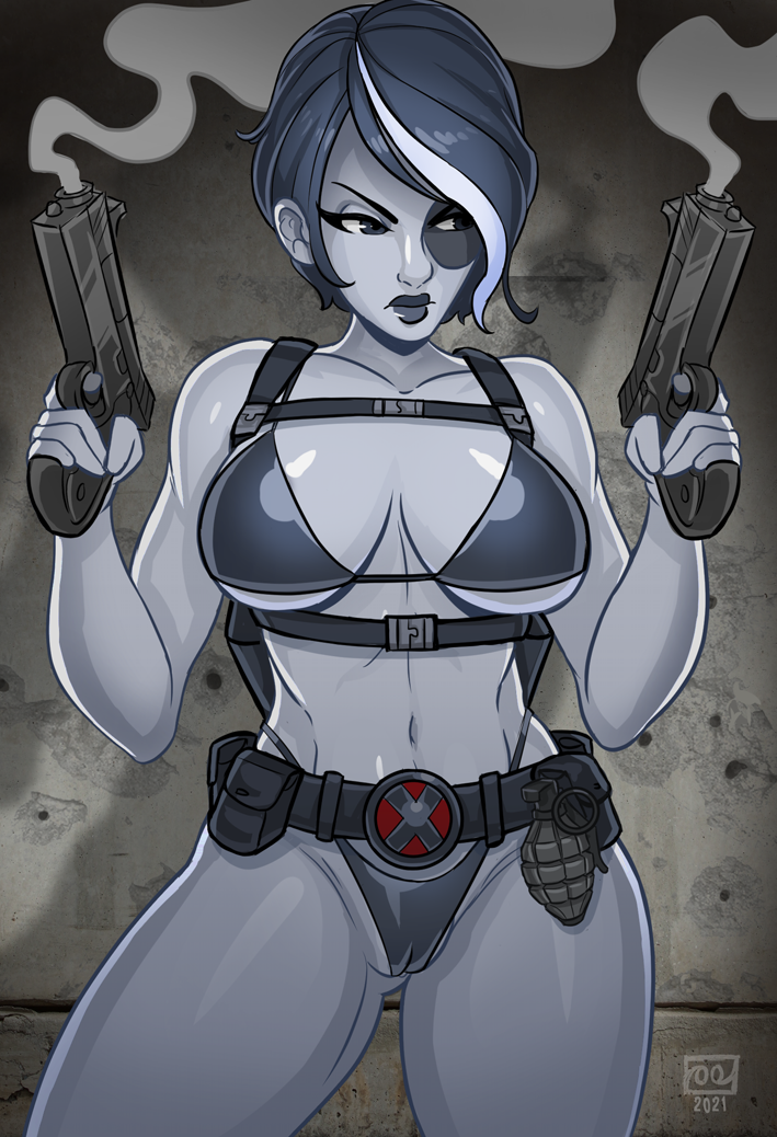 1girls, 2021, alternate version available, belt, belt buckle, big breasts, bikini, black clothing, black gloves, black hair, black lips, blue eyes, breasts, cameltoe, cleavage, dark hair, domino (marvel), dual wielding, female, female only, gloves, grenade, grey skin, gun, guns, homo superior, large breasts, lipstick, marvel, marvel comics, monolithic-sloth, multicolored hair, mutant, neena thurman, pale skin, partially clothed, pinup, pussy, short hair, skin tight, solo, solo female, thick, thick thighs, thighs, thong, tight clothing, tight fit, weapon, white hair, white skin, x-force, x-men