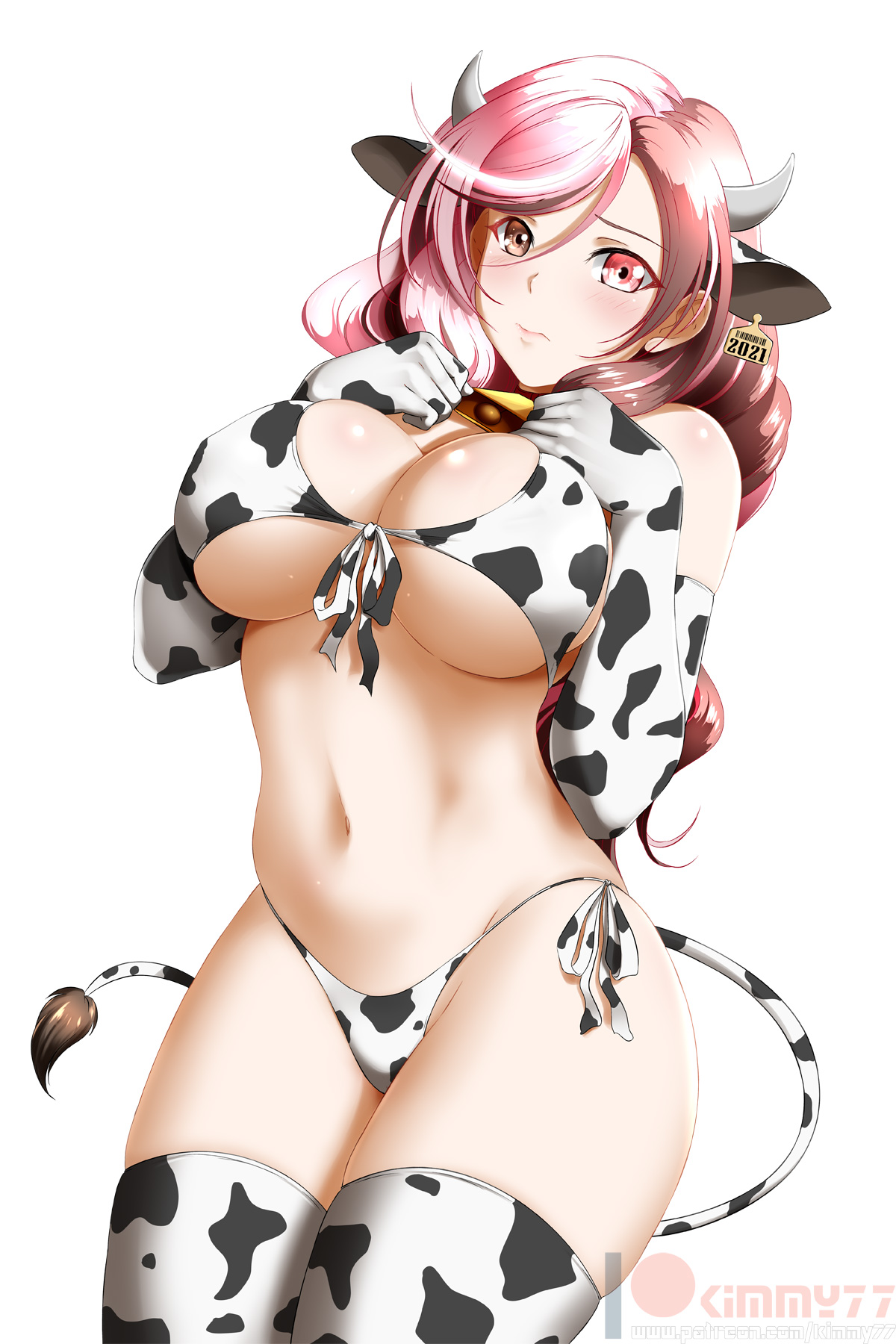 alfred cullado, animal ears, animal print, animal tail, bikini, breasts, brown eyes, brown hair, chinese zodiac, cleavage, cow ears, cow girl, cow horns, cow print, cow tail, cowbell, female, female focus, gloves, heterochromia, horns, huge breasts, kimmy77, long hair, looking at viewer, multicolored hair, navel, neo (rwby), pink eyes, pink hair, rwby, swimsuit, tail, two-tone hair, white background, year of the ox