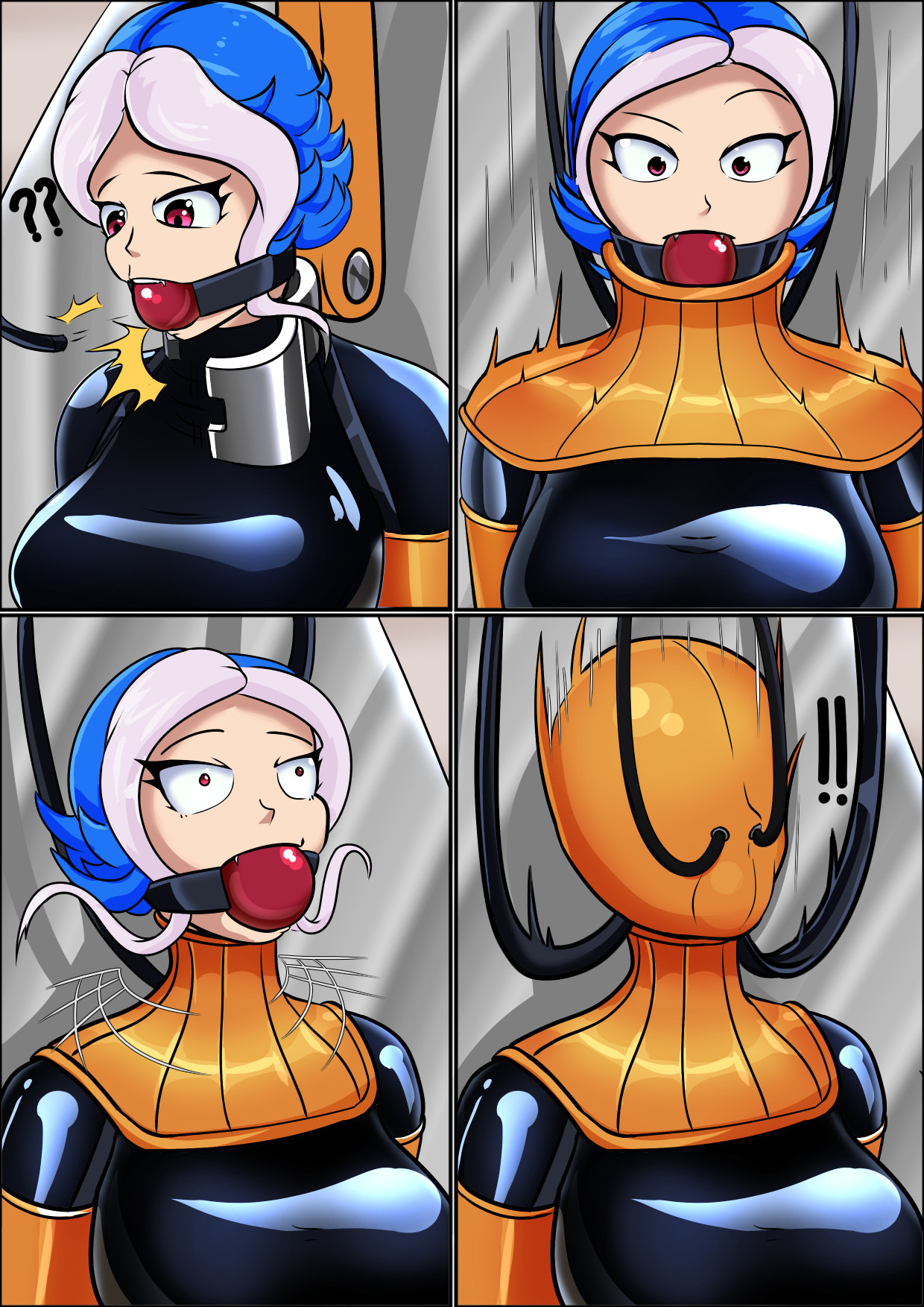 1girls, armbinder, ball gag, blue hair, bondage, bondage gear, bondage hood, bound, boxbinder, breathing tube, character request, collar, comic, fangs, female, femsub, gag, gagged, helpless, high quality, horny jail, latex, latex clothing, legbinder, permanent bondage, pink eyes, plasma-dragon, posture collar, prison, prisoner, removing, respirator, rubber, rubber clothing, sensory deprivation, sensory deprivation hood, shiny clothes, tight clothing, vampire, vampire girl, vtuber, white hair stripe