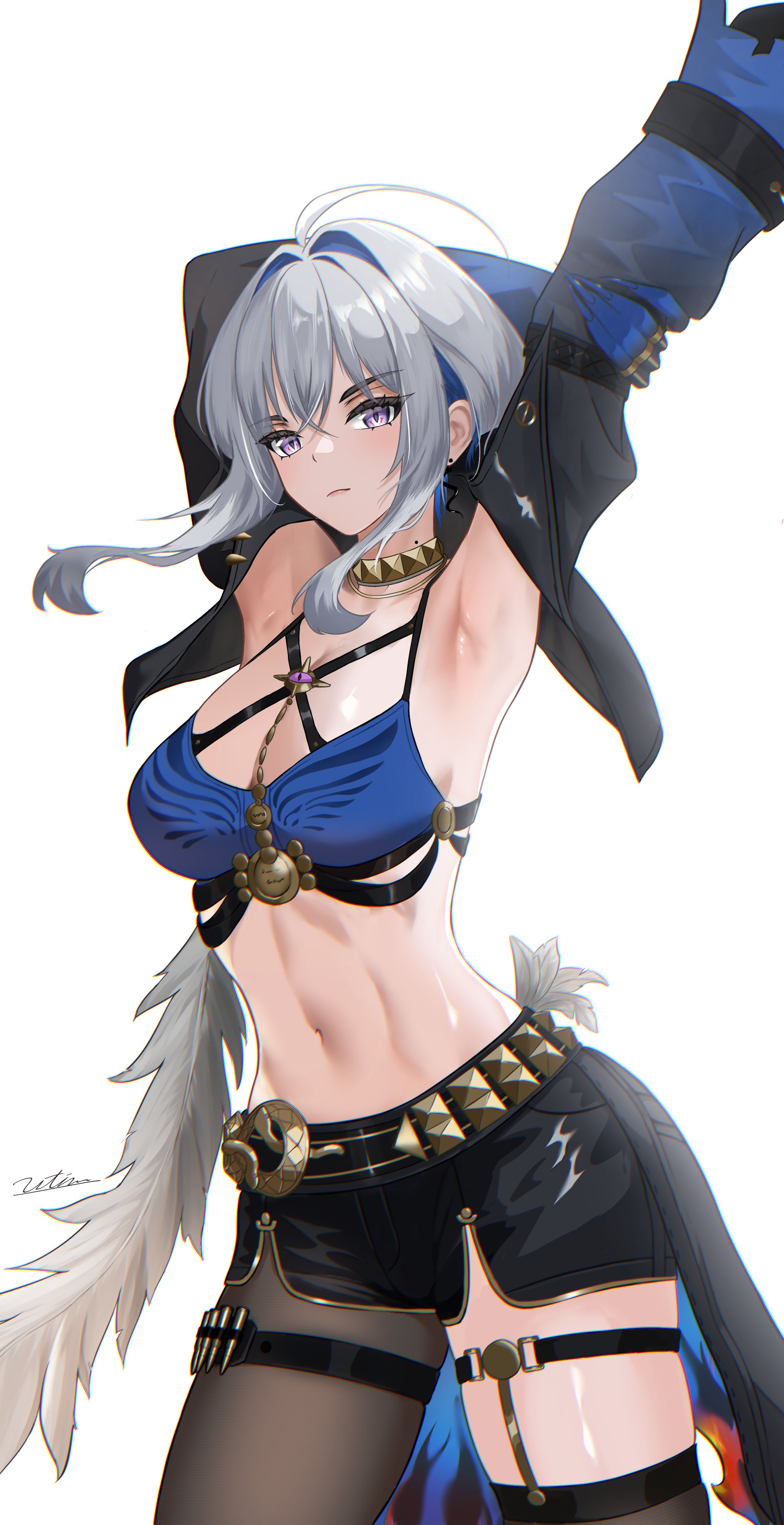 absurdres, ahoge, armpits, arms up, black jacket, black pantyhose, black shorts, blue bra, blue nails, bra, breasts, closed mouth, commentary, cropped jacket, earrings, feathered wings, female, galbrena (wuthering waves), gold choker, grey hair, hair intakes, highres, jacket, jewelry, looking at viewer, medium breasts, mole, mole on neck, navel, pantyhose, purple eyes, shorts, sidelocks, signature, simple background, single leg pantyhose, single wing, solo, stomach, thigh strap, thighs, underwear, utim, very long fingernails, white background, wings, wuthering waves