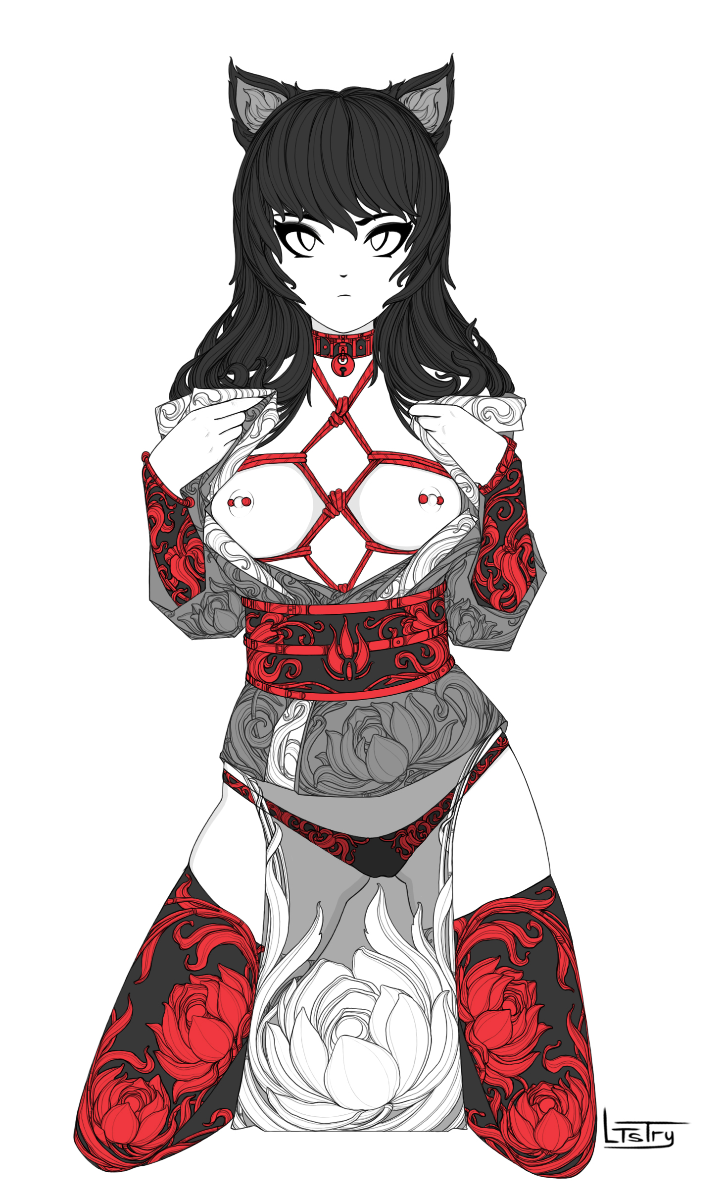 1girls, bell collar, black hair, blake belladonna, bondage, breasts, choker, female, long hair, ltstry, nekomimi, nipple piercing, nipples, open clothes, panties, piercing, presenting breasts, red rope, rope, rwby, standing