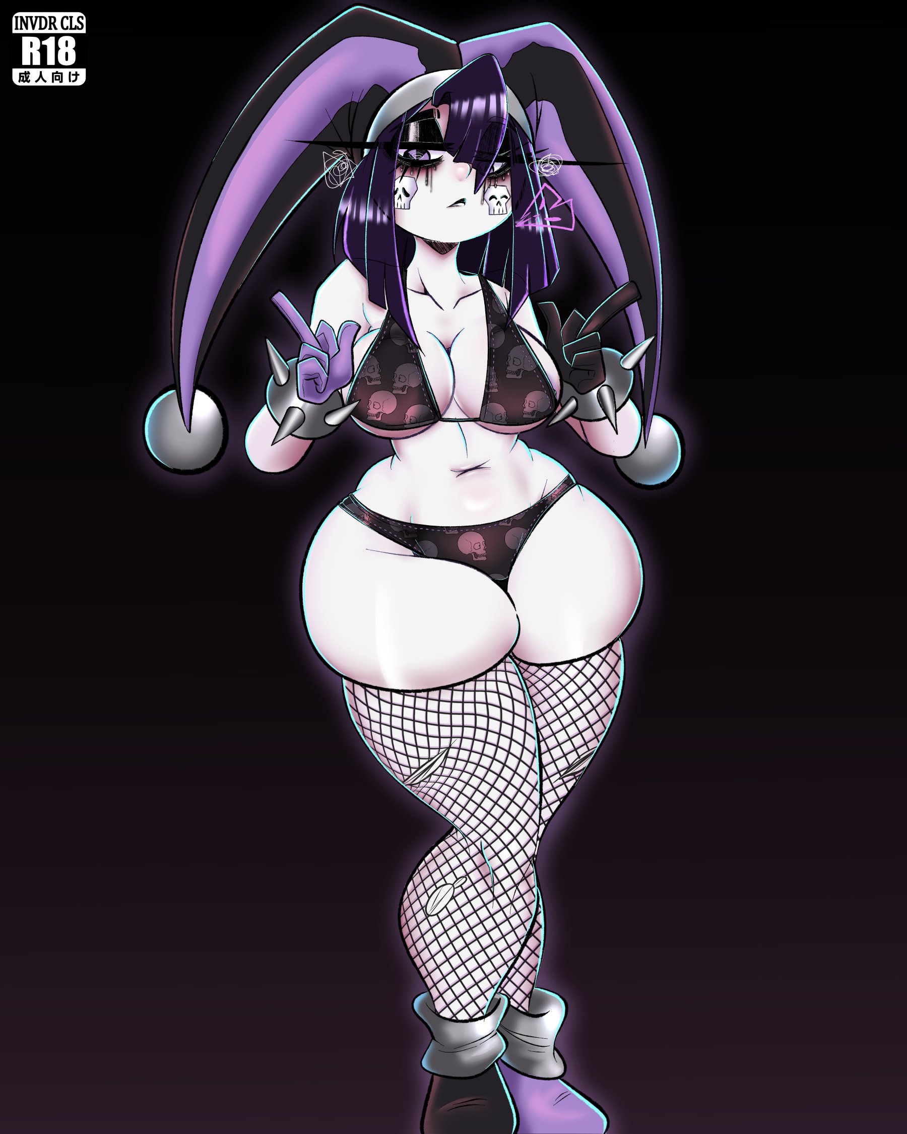 1girls, 2024, black eyeshadow, black hair, bra, breasts, eyelashes, female, female only, fishnet legwear, glitch productions, gloves, goth, goth pomni, hi res, invdrcls, jester hat, long eyelashes, looking at viewer, narrowed eyes, panties, pomni (the amazing digital circus), purple eyes, purple highlights, runny makeup, simple background, solo, spiked bracelet, the amazing digital circus, thick thighs, thigh squish, wide hips