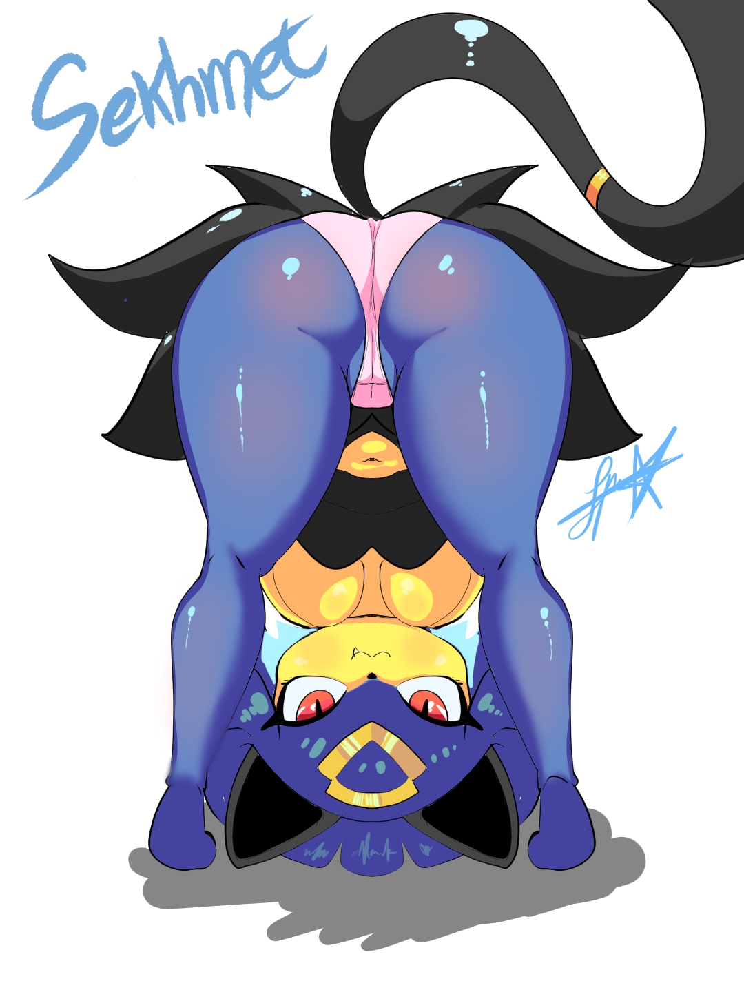 anthro, ass, ass focus, blue fur, cameltoe, cat girl, cat tail, female anthro, female focus, female only, furry, meta, pal (species), palphilia, palworld, panties, pixyfox23, pocketpair, presenting, presenting hindquarters, sekhmet (pal), thicc, upside-down, upskirt, waifu