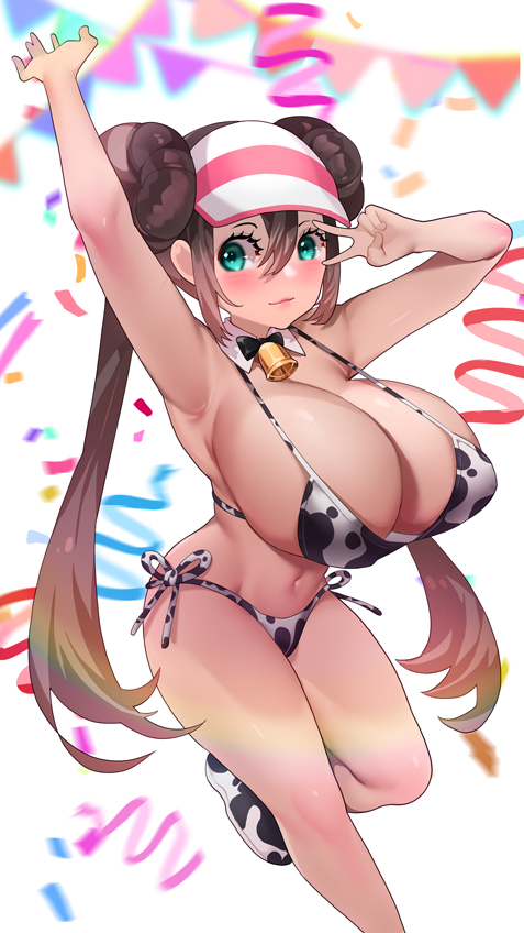 1girls, aged up, alternate breast size, aqua eyes, blush, breasts, cap, cow bikini, cow print, cowbell, double bun, eye contact, female, hat, huge breasts, looking at viewer, nintendo, older, pokemon, pokemon bw, pokemon bw2, rosa (pokemon), standing, sumisumii, thick thighs, thighs, twintails