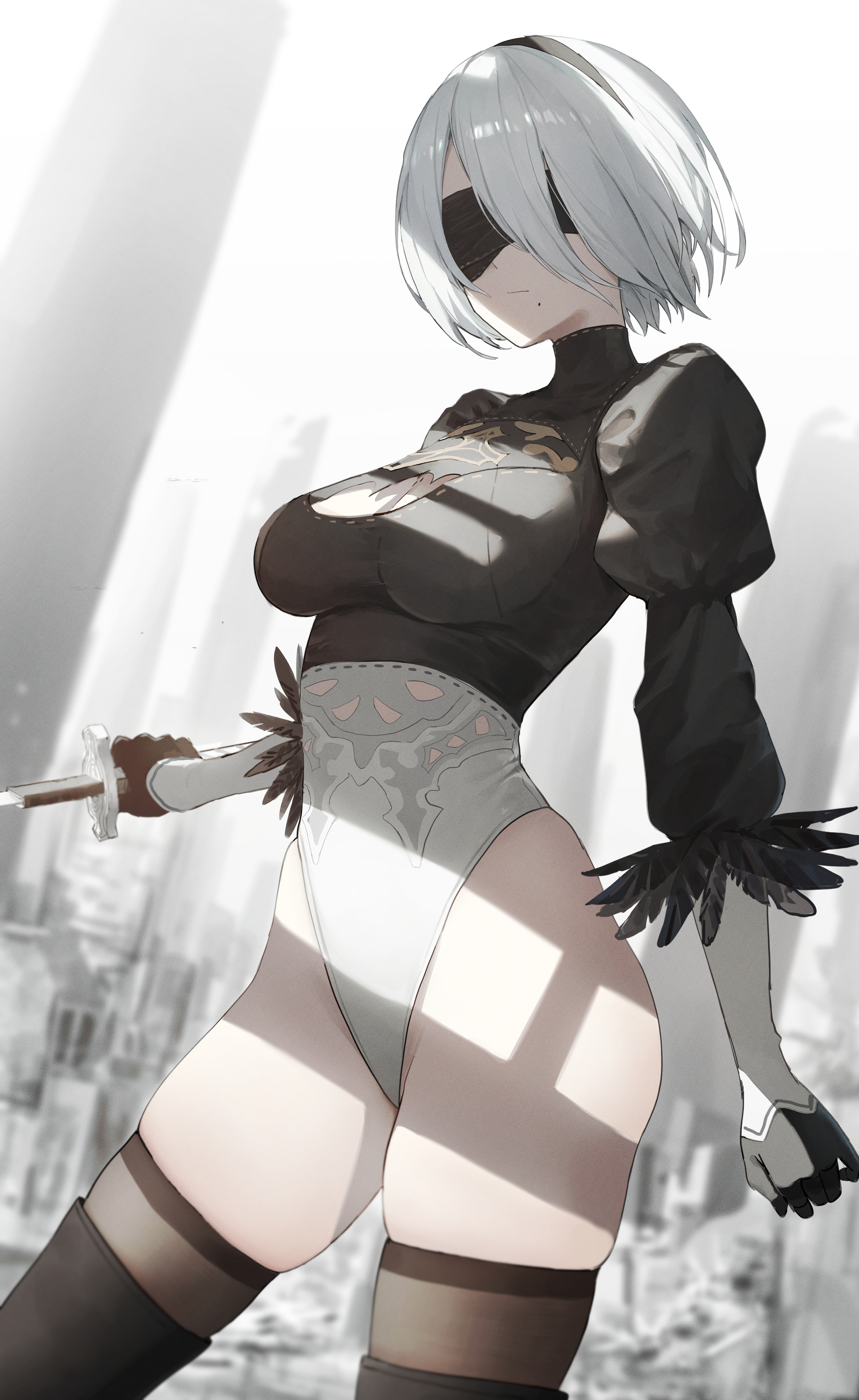 1girls, 2d, 2d (artwork), 2d artwork, adult, adult female, belly, belly button, big breasts, black blindfold, black crop top, black gloves, black hairband, black legwear, black stockings, black thigh highs, black thighhighs, blade, blindfold, blindfolded, blindfolded female, blurred background, blurry background, breasts, busty, busty female, crop top, curvaceous, curvaceous body, curvaceous female, curvaceous figure, curvaceous hips, curvaceous thighs, curvy, curvy body, curvy female, curvy figure, curvy hips, curvy thighs, digital, digital art, digital drawing, digital drawing (artwork), digital media, digital media (artwork), female, female focus, female only, gloves, groin, hairband, high resolution, highres, hourglass figure, inguinal crease, inguinal ligament, large boobs, large breasts, lean figure, legwear, mature, mature female, midriff, mole, mole under mouth, narrow waist, navel, nier, nier: automata, pigone, plump breasts, short hair, shoulders, skindentation, slender body, slender waist, slim waist, solo, standing, stockings, sword, thick thighs, thigh gap, thigh highs, thighhighs, thighs, upper body, weapon, white background, white eyebrows, white hair, white-haired female, wide hips, yorha 2b