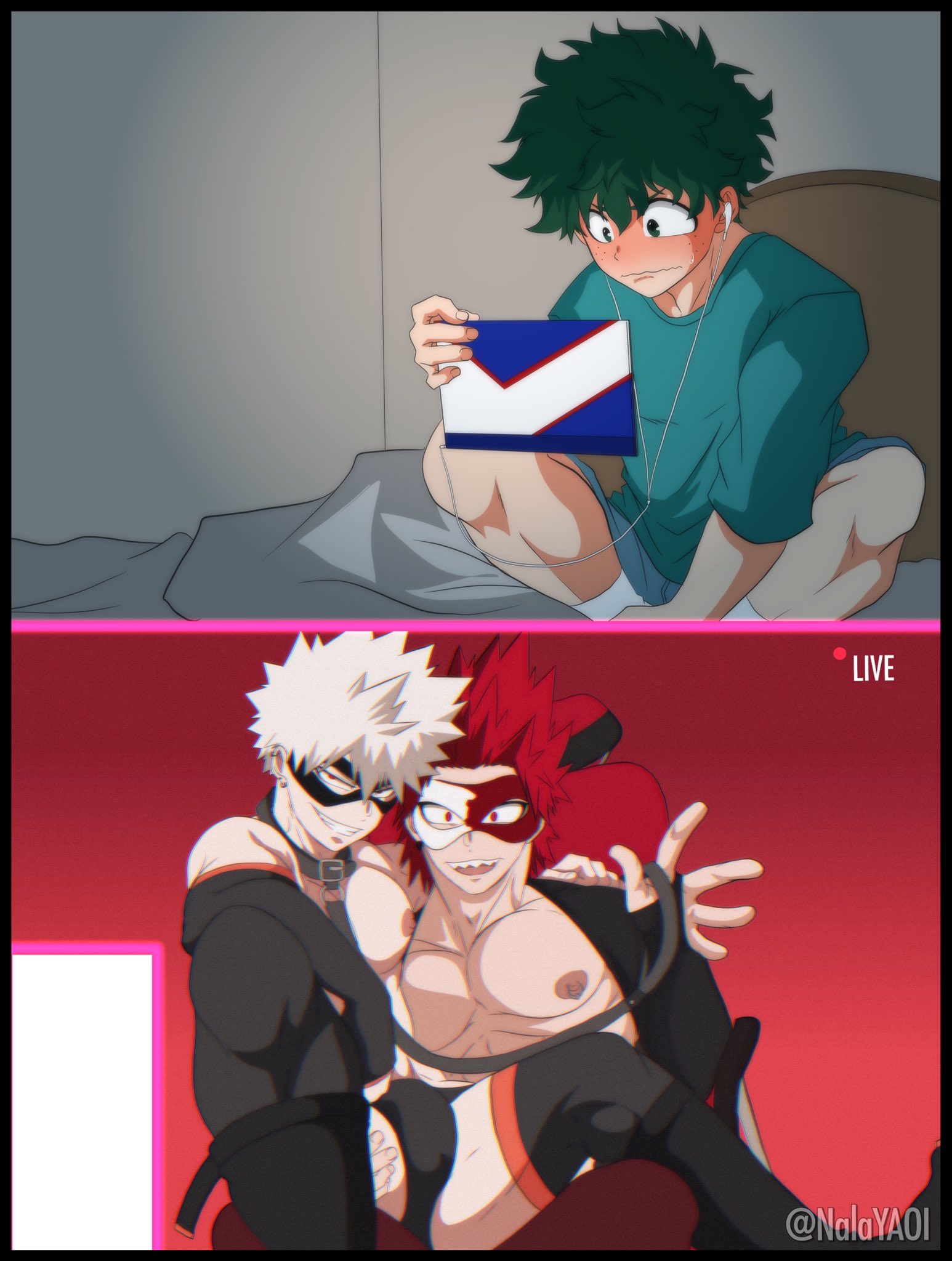 bakugou katsuki, blush, boku no hero academia, bulge, collar, ear piercing, eijirou kirishima, gay, horny, izuku midoriya, katsuki bakugou, kirishima eijirou, leash, leash and collar, livestream, male, male only, mask, midoriya izuku, my hero academia, nalayaoi, nipple piercing, thighhighs, thong, watching porn, yaoi