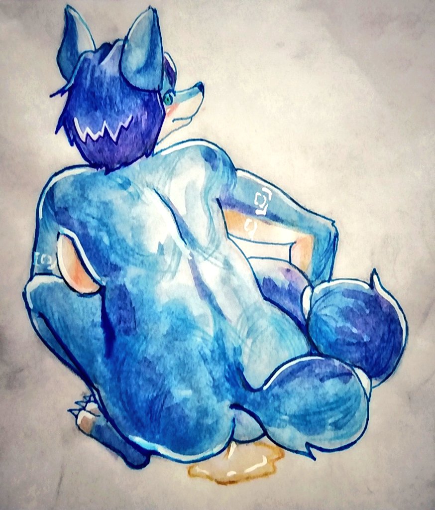 anthro blue_body blue_fur blue_hair bodily_fluids breasts canid canine crouching crystal female fox fur genital_fluids green_eyes hair kouhaku773 krystal mammal nintendo orgasm pussy_juice rear_view solo star_fox video_games