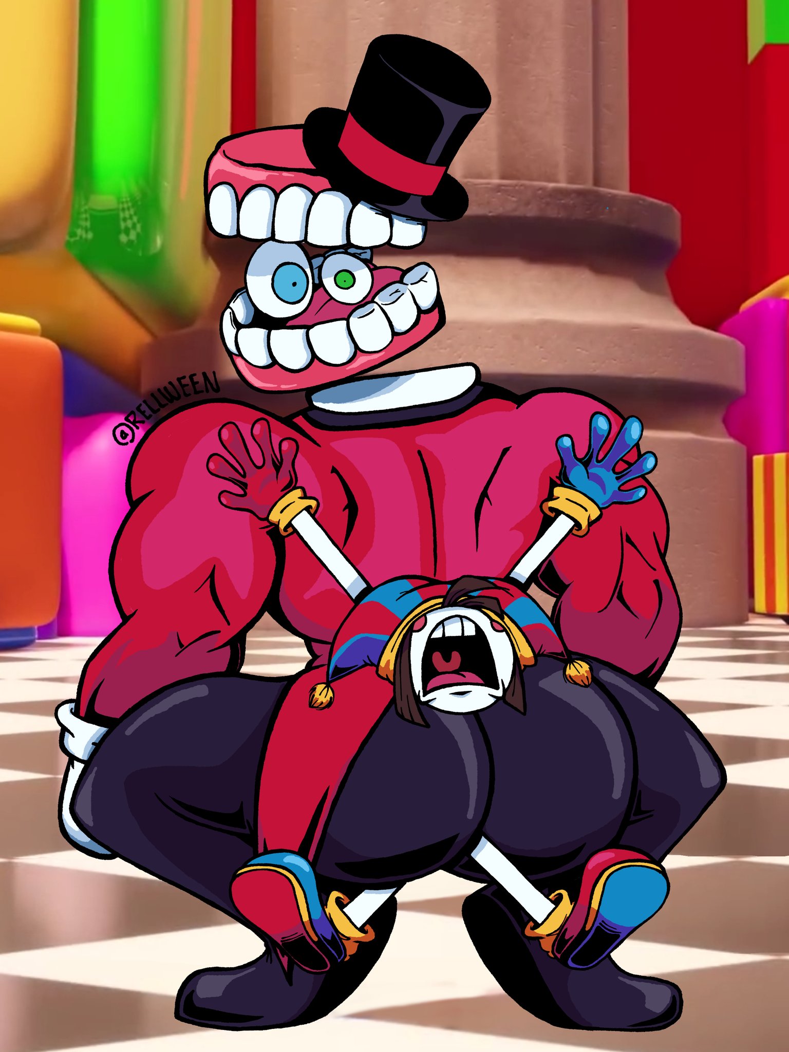 1boy, 1girls, 2023, anthro, ass, ass focus, big ass, big butt, big muscles, broly culo, broly culo getting choked by cheeks, butt focus, caine (the amazing digital circus), clothed ass, crouching, duo, female, fully clothed, glitch productions, gooseworx, hat, hi res, humanoid, looking back, male, male ass focus, male/female, meme, muscles, muscular, muscular humanoid, muscular male, open mouth, parody, pomni (the amazing digital circus), rellween, spread legs, spreading, teeth, the amazing digital circus, tongue, top hat
