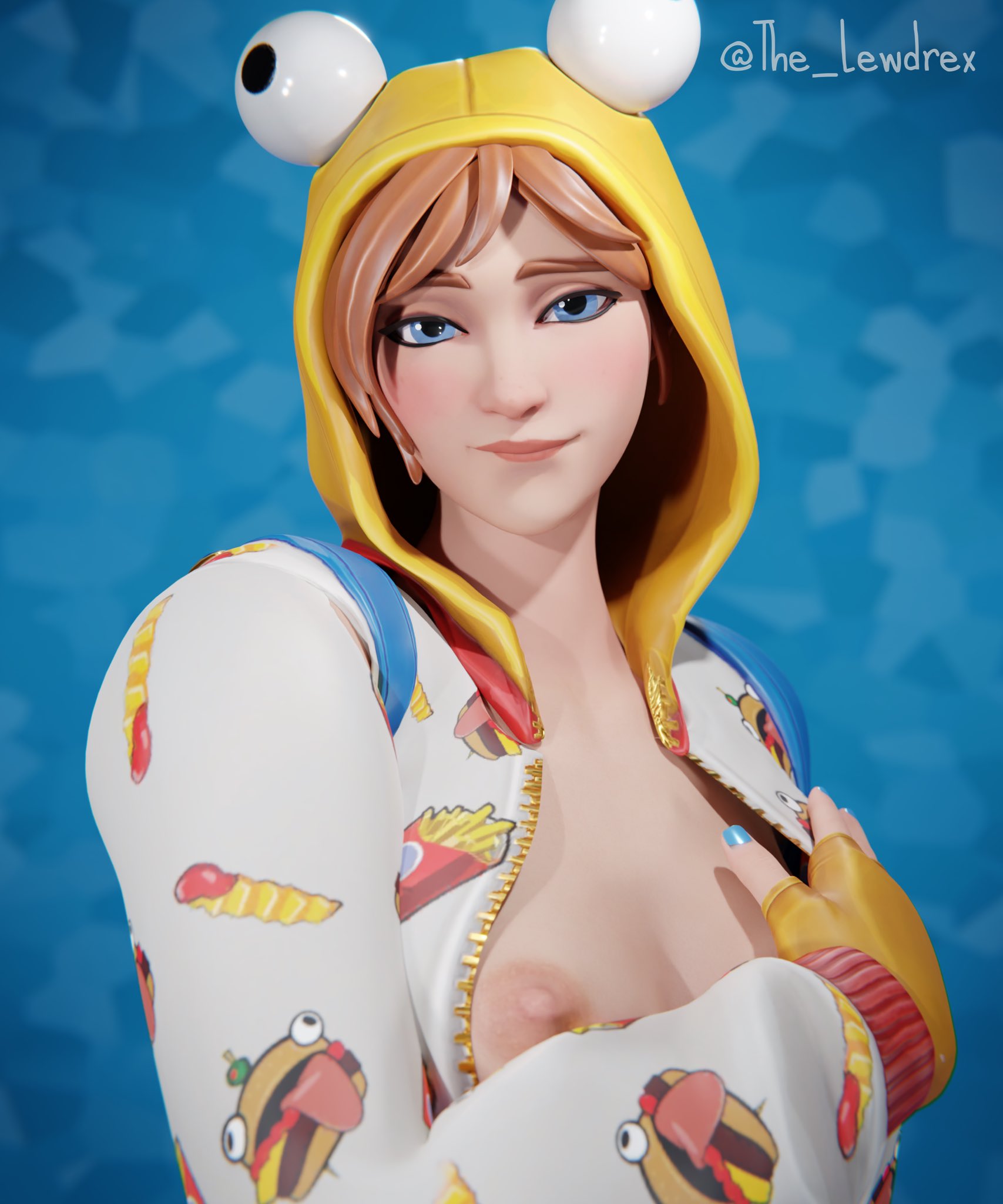 1girls, 3d, blue eyes, breasts, eye contact, female, fortnite, fortnite: battle royale, lewdrex, onesie, onesie (fortnite), tagme