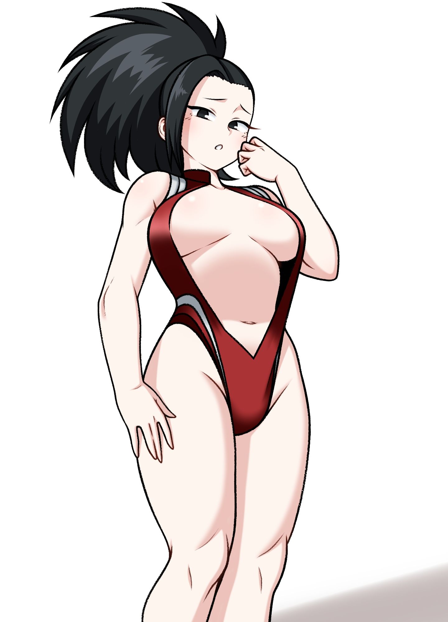 1girls, 2d, 2d (artwork), 2d artwork, bare arms, bare chest, bare hands, bare hips, bare knees, bare legs, bare midriff, bare navel, bare shoulders, bare skin, bare thighs, belly, belly button, big breasts, black hair, black-haired female, boku no hero academia, breasts, breasts apart, brown eyes, brown-eyed female, busty, busty female, busty teenager, collarbone, curvaceous, curvaceous body, curvaceous female, curvaceous figure, curvaceous hips, curvaceous teenager, curvaceous thighs, curvy, curvy body, curvy female, curvy figure, curvy hips, curvy thighs, digital, digital art, digital drawing, digital drawing (artwork), digital media, digital media (artwork), elbows, eron, exposed arms, exposed chest, exposed hips, exposed knees, exposed legs, exposed midriff, exposed navel, exposed shoulders, exposed skin, exposed thighs, female, female focus, female only, female teen, female teenager, fingers, girl, groin, hand on leg, hand on own leg, hand on own thigh, hand on thigh, head tilt, high resolution, high school girl, high school student, highres, hourglass figure, inframammary fold, inguinal crease, inguinal ligament, knees, large boobs, large breasts, lean figure, leotard, long hair, looking at viewer, looking down, looking down at viewer, midriff, momo yaoyorozu, my hero academia, narrow waist, navel, nervous, nervous expression, nervous face, nervous female, plump breasts, ponytail, red leotard, red topwear, schoolgirl, shoulders, shy, shy expression, shy female, shy girl, sidelocks, simple background, slender body, slender waist, slim waist, solo, standing, teen, teen breasts, teen girl, teen tits, teenage, teenage breasts, teenage female, teenage girl, teenage tits, teenager, thick thighs, thighs, tilted head, topwear, underboob, upper body, white background, wide hips, yaoyorozu momo, young, young female, young girl, young teen, young woman