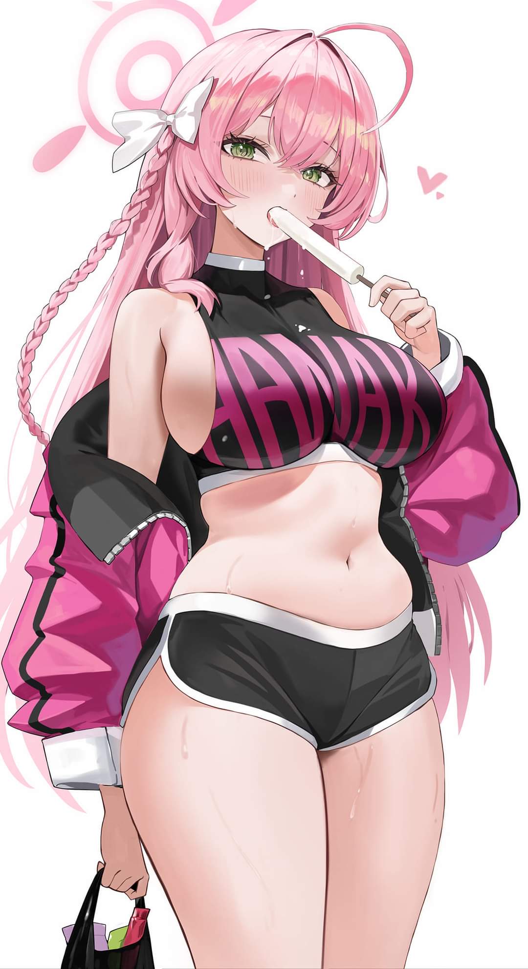 1girls, artist request, big breasts, blue archive, breasts, carrying bag, clothing, dolphin shorts, female, female only, halo, hanako (blue archive), jacket, licking popsicle, plastic bag, popsicle, sideboob, sweaty body, thick thighs, trinity general school student
