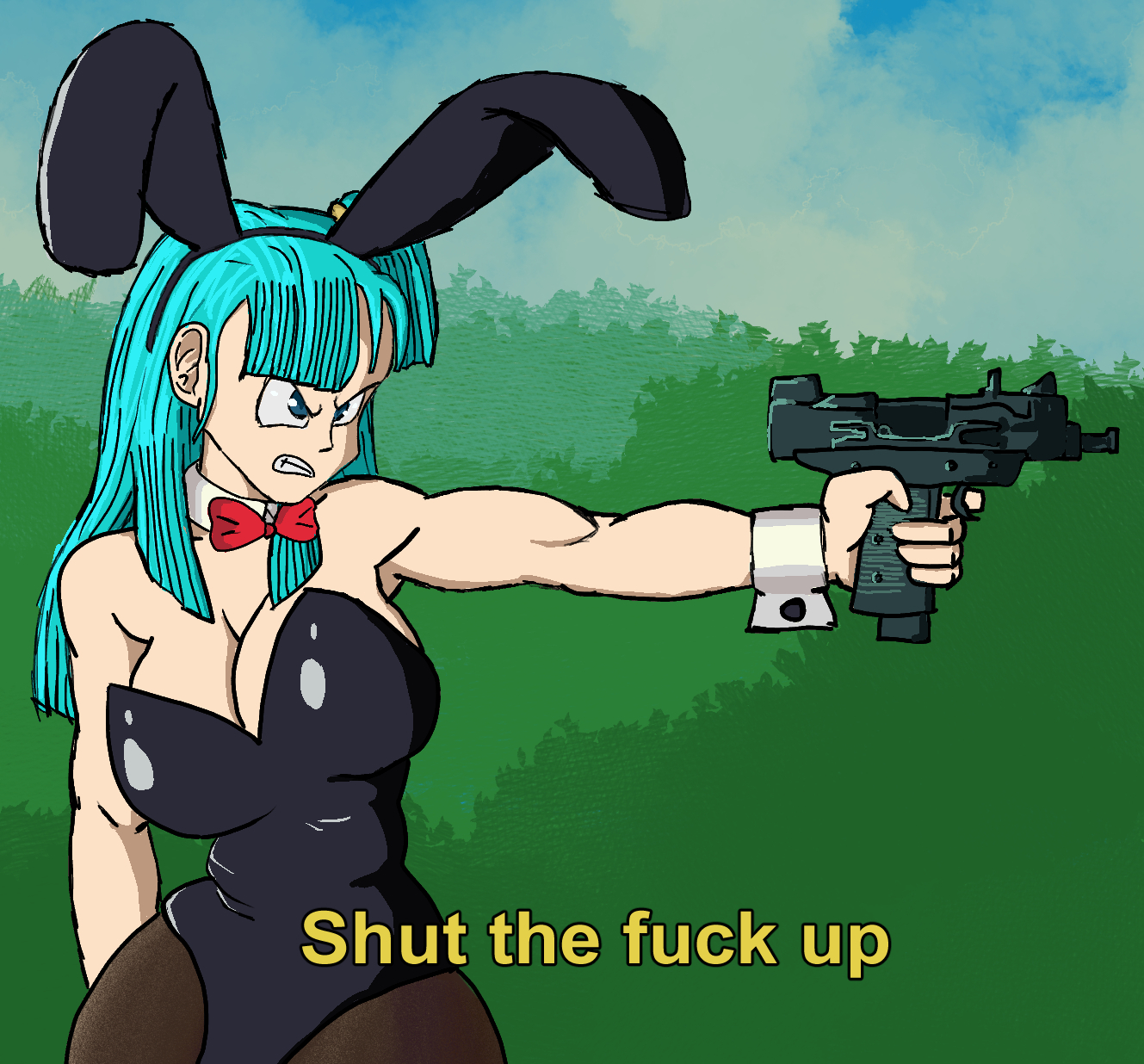 1girl, 1girls, blue eyes, blue hair, bubble butt, bulma, bulma (bunny), bulma (dragon ball), bulma briefs, bulma briefs (dragon ball), busty female, dragon ball, dragon ball (classic), dragonball, female, female focus, female only, gun, holding weapon, pissed off, solo, solo female, solo focus, stfu, tagme, tagme (artist), teenage bulma, thick female, thick thighs, unknown artist, uzi