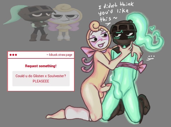 2boys, armor, armored male, blush, dandy's world, dandys world, erect penis, erection, ghost, ghost boy, glisten (dandy's world), green body, green penis, green skin, kikuok, leaking penis, leaking precum, male, male only, male/male, penis, pink bow, precum drip, precum on penis, reference image, self upload, soulvester, soulvester (dandy's world), strawpage request, teasing, tied arms, tied up, yellow body, yellow skin