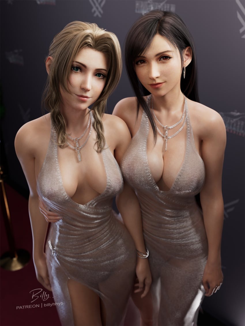 2girls, 3d, aerith gainsborough, billyhhyb, black hair, breasts, brown hair, cleavage, dress, earrings, female, final fantasy, final fantasy vii, final fantasy vii rebirth, final fantasy vii remake, green eyes, large breasts, looking at viewer, medium breasts, necklace, power of women dress, red eyes, see-through, see-through clothing, smile, the game awards, tifa lockhart