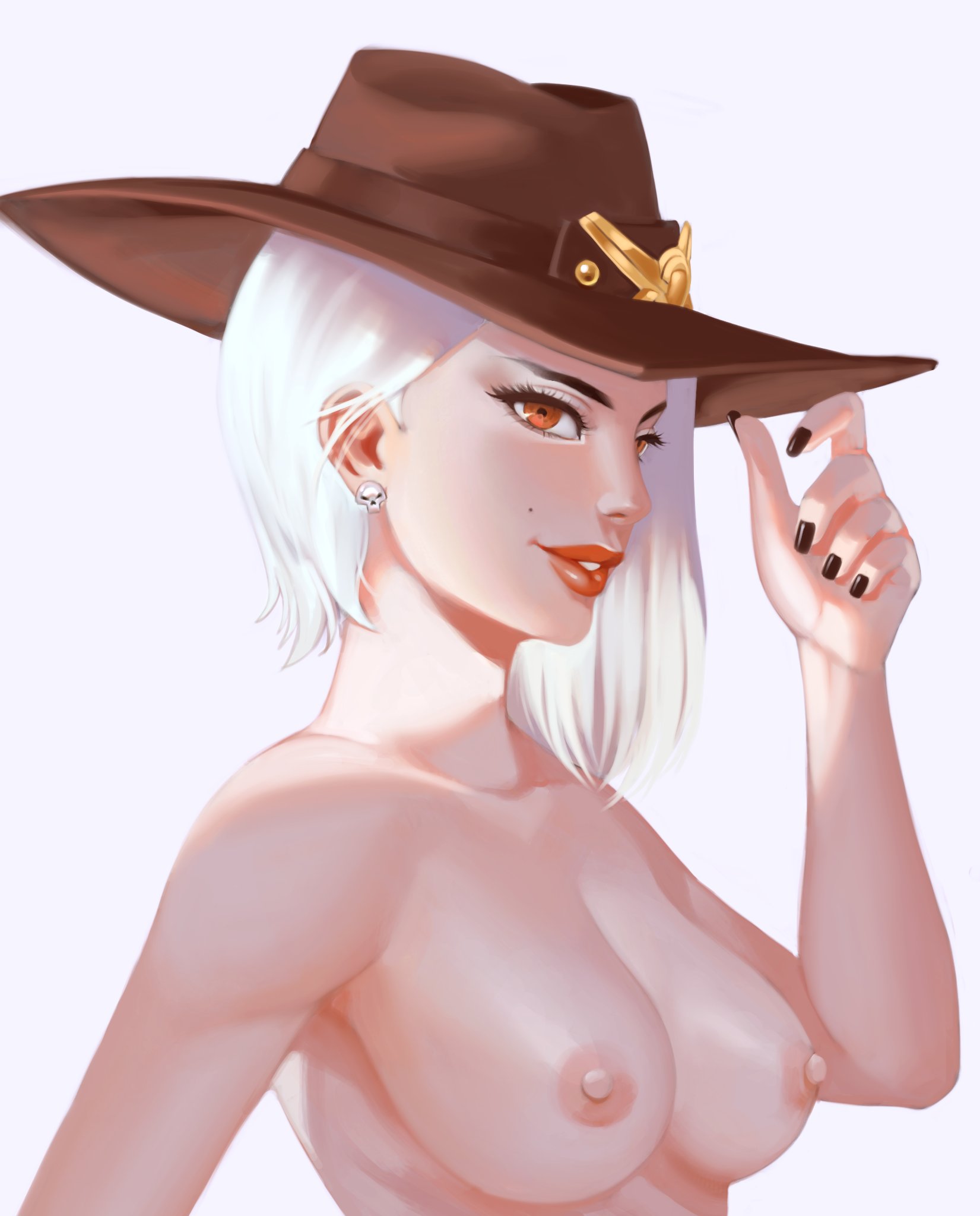 1girls, 2d, ashe (overwatch), blizzard entertainment, breasts, cascanora, female, hat, lips, medium breasts, nude, overwatch, pale skin, portrait, short hair, solo, tipping hat, white background, white hair