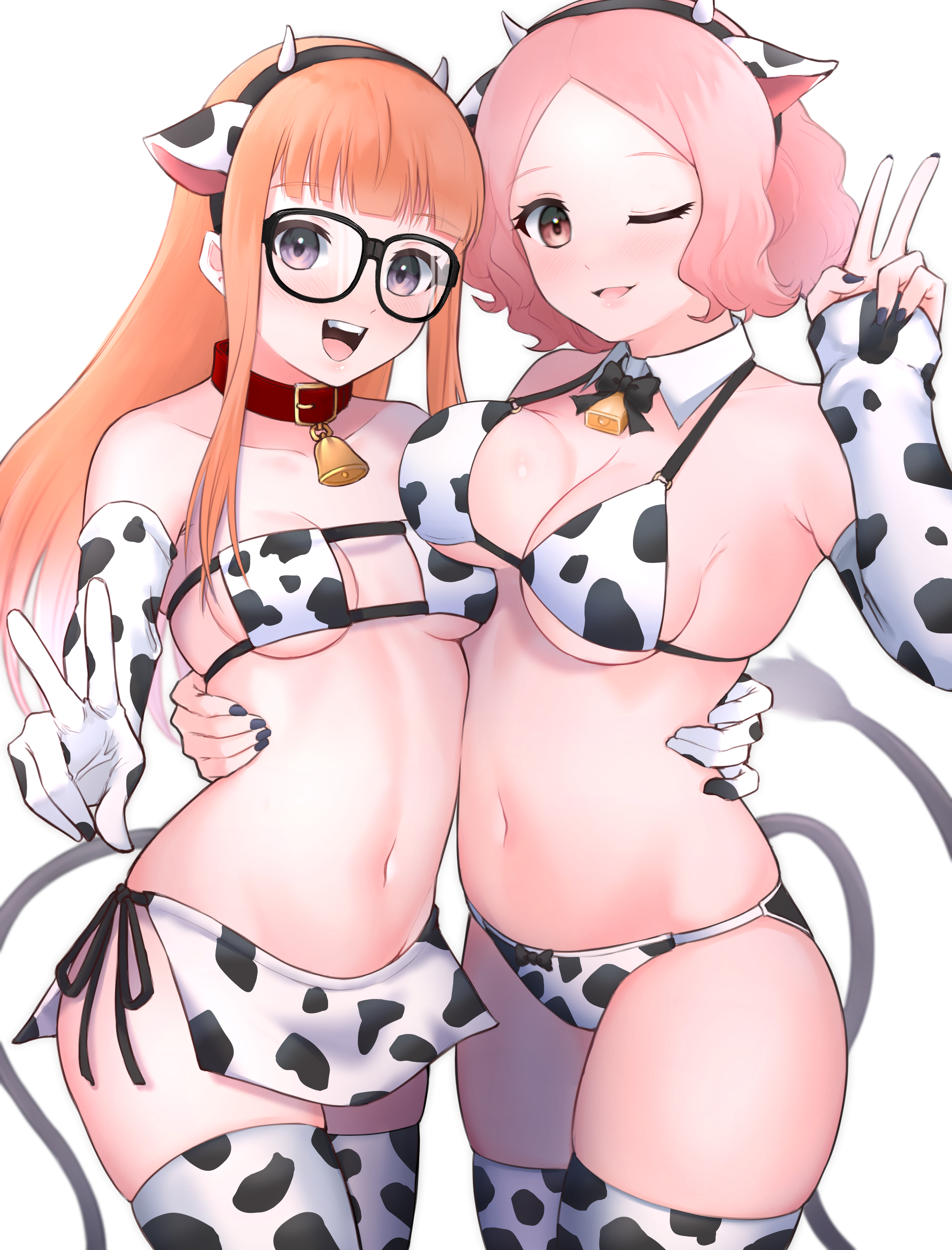2girls, animal print, bell, bikini, breasts, cleavage, cow ears, cow girl, cow horns, cow print, cowbell, eyepatch bikini, female, glasses, gloves, haru okumura, long hair, looking at viewer, medium breasts, multiple females, multiple girls, persona, persona 5, reneph0305, sakura futaba, small breasts, thighhighs, v