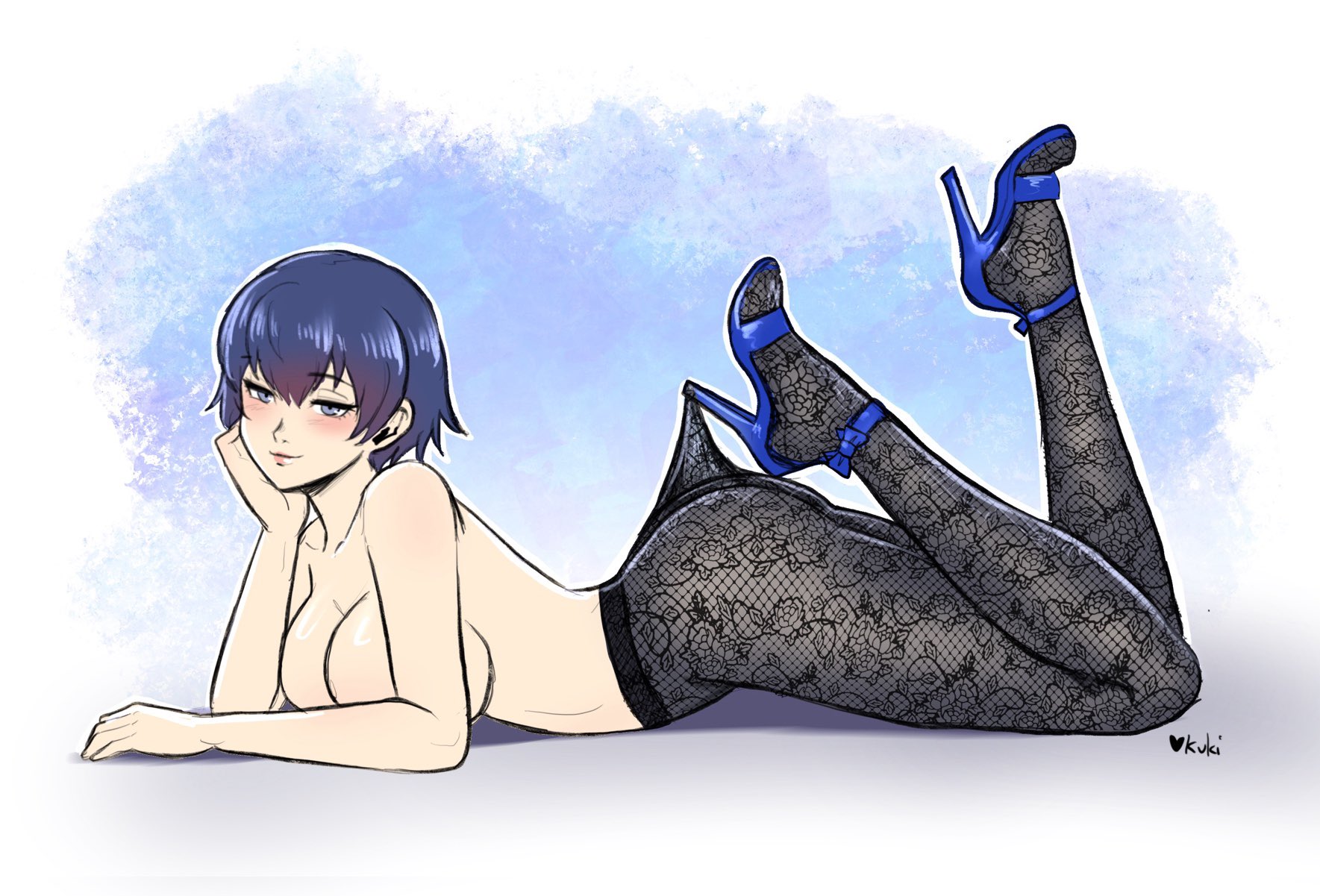 ass, blue eyes, blush, breasts, fishnets, high heels, kukimoonie, lace pantyhose hooked on heel (meme), large breasts, layin, pantyhose, persona, persona 4, shirogane naoto, topless