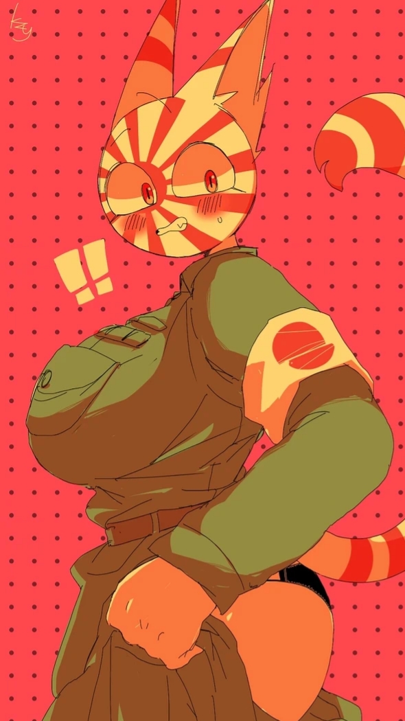 belt big_ass black_panties blush cat_ears cat_tail catgirl countryhumans countryhumans_girl furry huge_breasts japanese_empire_(countryhumans) japanese_text kuzuyu_(artist) military_uniform shocked_expression side_view sideboob simple_background soldier_uniform sweat sweatdrop twitch_lines uniform