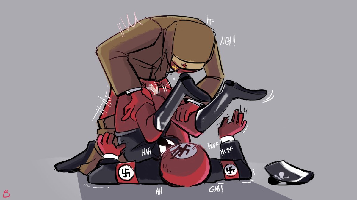 anal, anal insertion, ass, ass up, closed eyes, countryhumans, duo, gay, male, nazi germany (countryhumans), no humans, piledriver position, red body, sex, soviet union (countryhumans)