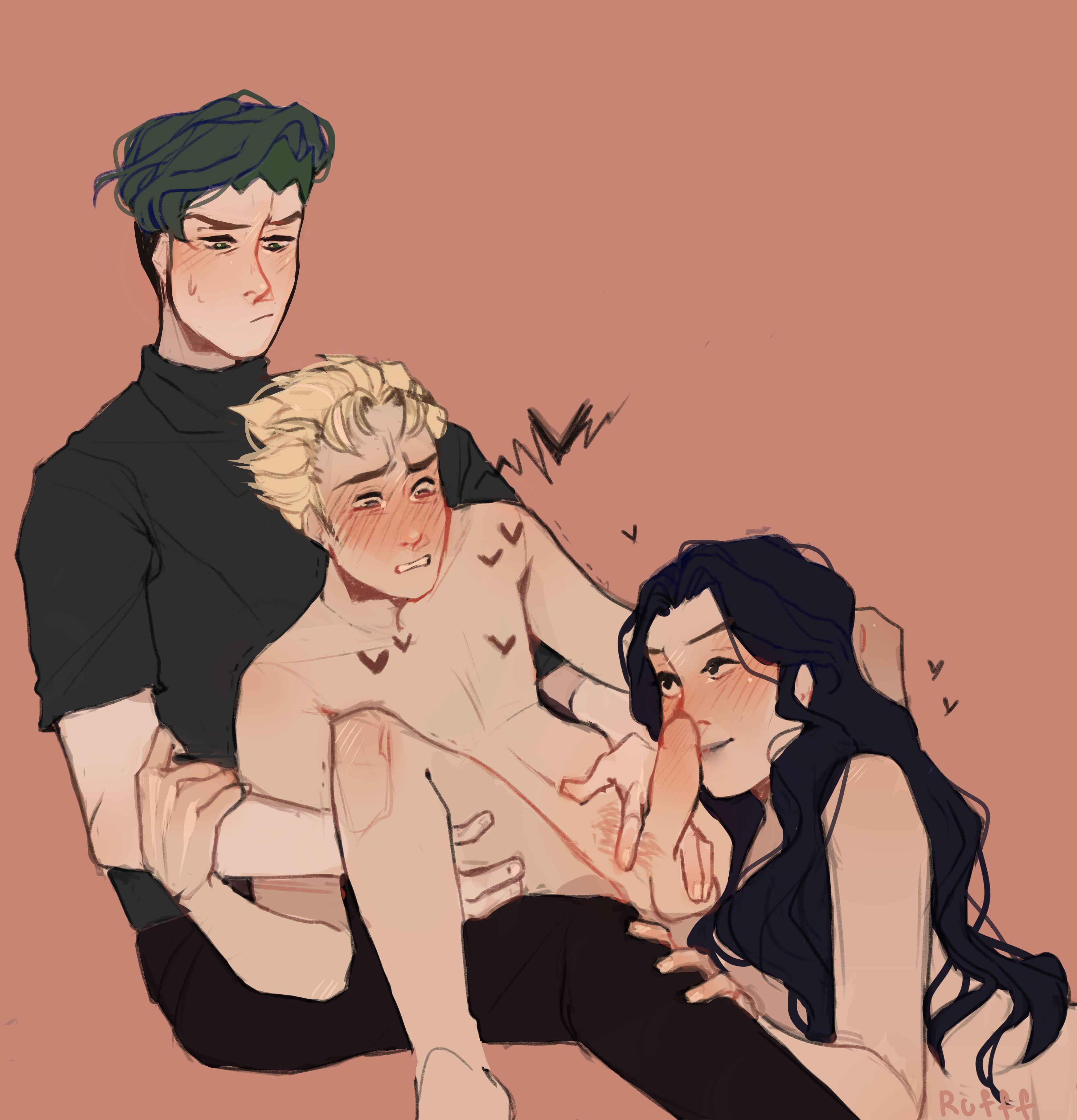 1girls, 2boys, age difference, bisexual, bisexual male, blush, dark hair, diamond is unbreakable, female, human, imminent oral, jojo's bizarre adventure, koichi hirose, male, rohan kishibe, tagme, yukako yamagishi