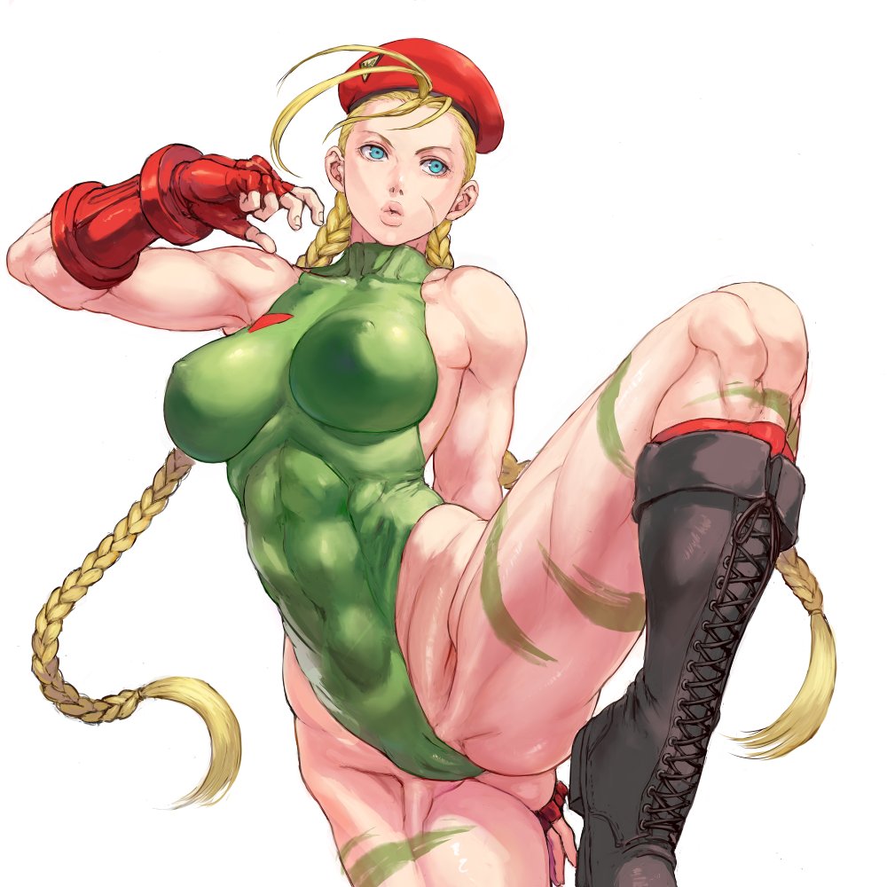 1girls abs beret blonde_hair blue_eyes body_paint boots braid cameltoe cammy_white cap clothed fighting_stance gloves large_breasts leotard mikanman military muscular_female pose skin_tight solo street_fighter