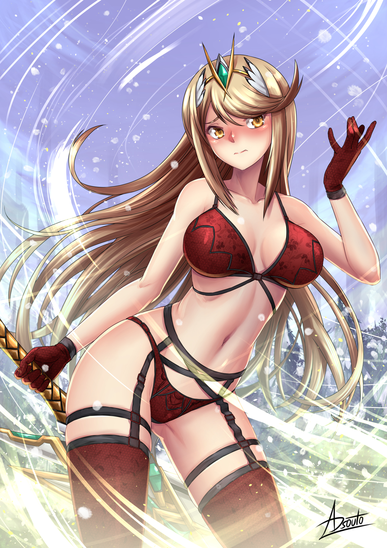 1girls, abstract background, adsouto, bangs, bare shoulders, blonde hair, blush, bra, breasts, cleavage, clothing, earrings, eyebrows visible through hair, female, female only, frown, gem, gloves, hair ornament, headpiece, highres, holding, holding sword, holding weapon, jewelry, large breasts, lingerie, long hair, looking at viewer, matching underwear, mythra, nintendo, panties, red bra, red eyes, red hair, red legwear, red panties, red thighhighs, revealing clothes, skimpy clothes, solo, spread legs, stockings, swept bangs, sword, tiara, underwear, very long hair, weapon, wide hips, xenoblade (series), xenoblade chronicles 2, yellow eyes