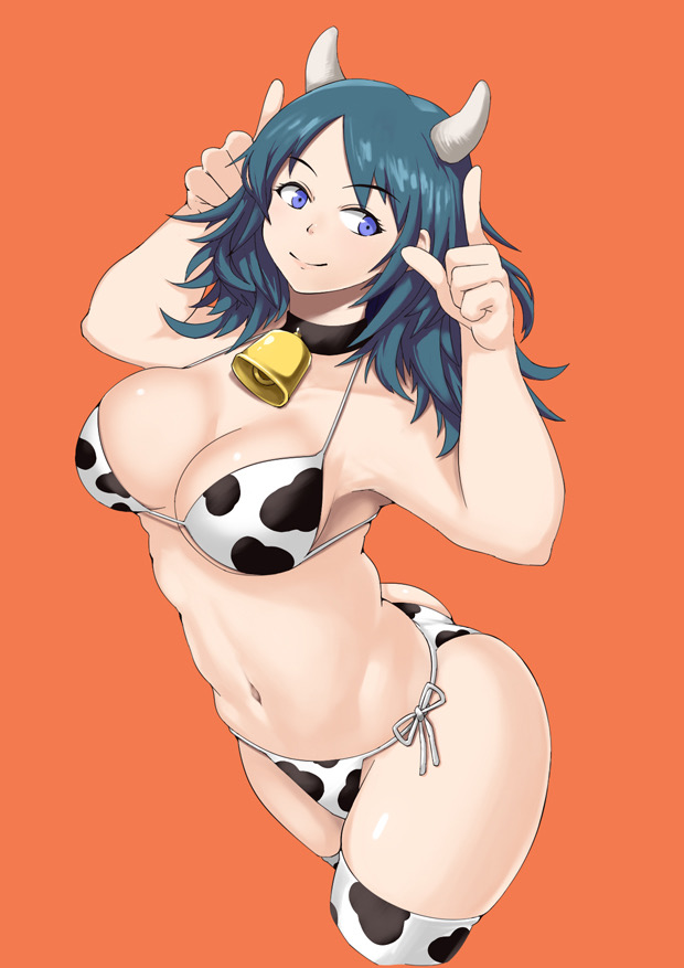 1girls, bikini, blue eyes, blue hair, byleth (fire emblem), byleth (fire emblem) (female), cleavage, collar, cow girl, cow horns, cow print, cowbell, female, female only, fire emblem, fire emblem: three houses, looking to the side, nintendo, skimpy clothes, smile, solo, swimsuit, thighhighs, year of the ox, えーる