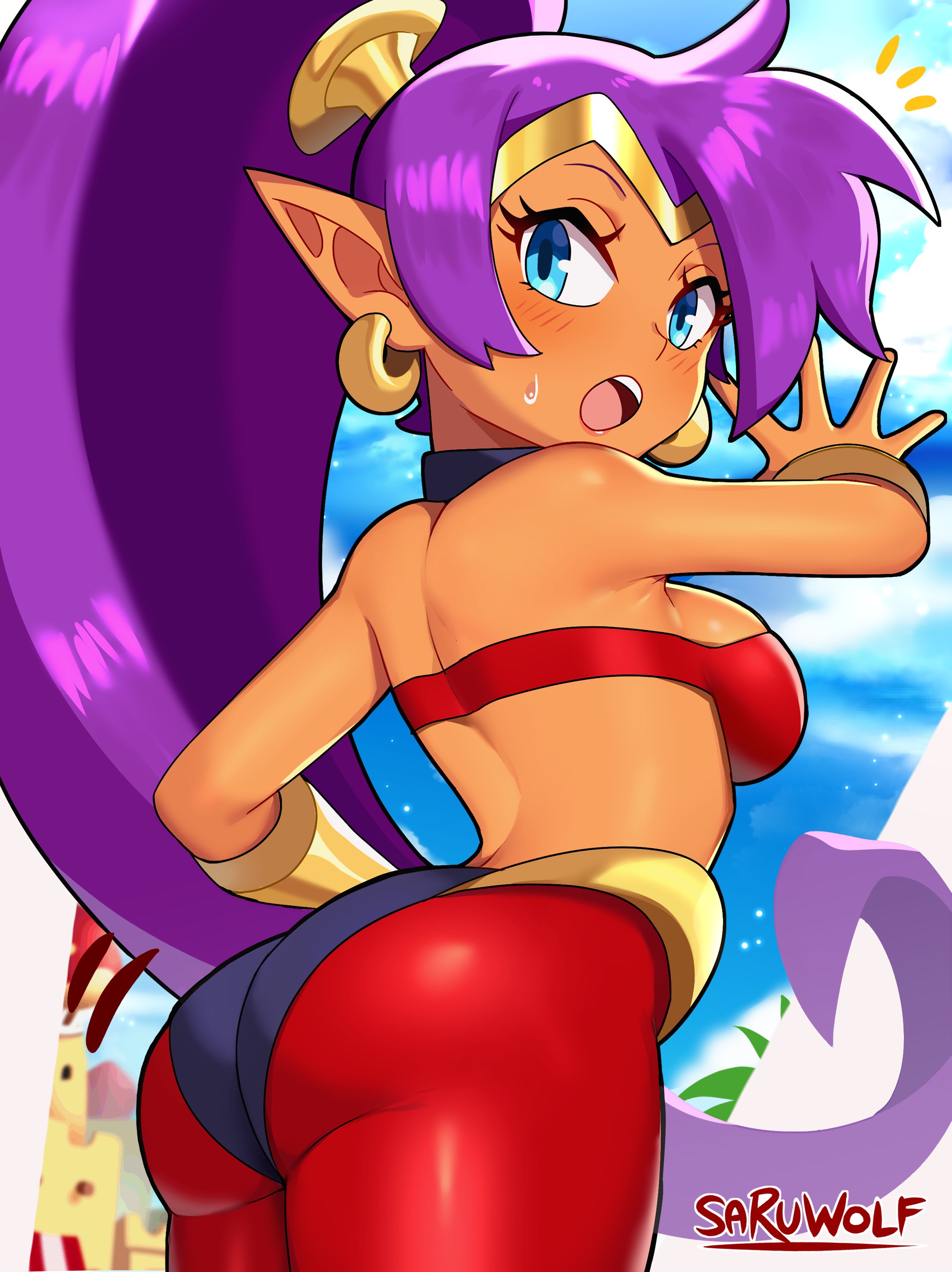 1girls, absurdres, artist name, ass, bandeau, bangs, bare shoulders, blue eyes, blue sky, blush, bra, breasts, dark skin, female, hair ornament, highres, jewelry, jpeg, looking at viewer, looking back, medium breasts, midriff, open mouth, outdoors, pointy ears, ponytail, purple hair, sarukaiwolf, shantae, shantae (character), shiny clothes, shiny hair, shiny skin, signature, skin tight, smooth skin, solo, tiara, tied hair, wayforward
