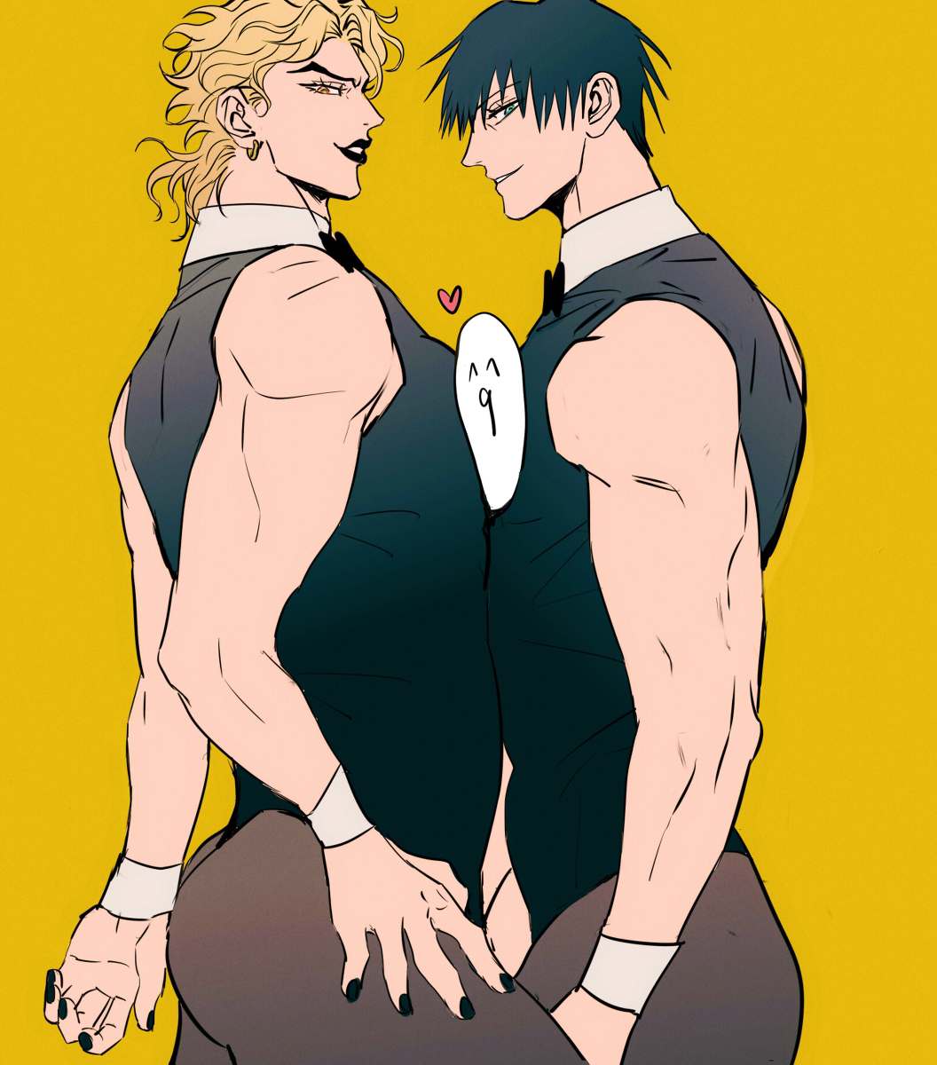 2boys bara black_hair black_hair_bottom black_lipstick black_nails blonde_hair blonde_hair_on_black_hair blonde_hair_top bodysuit bubble_butt crossdressing crossover dio_brando domination earrings evil_grin facing_away gay jojo's_bizarre_adventure jujutsu_kaisen larger_male leotard light_hair_on_dark_hair lin00240506 looking_at_viewer looking_back male_only manly_crossdresser mature_male muscular muscular_male pantyhose pecs pecs_touching posing smirk stardust_crusaders thong_leotard toji_fushiguro toned toned_male yaoi