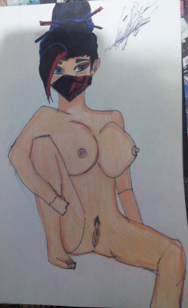 artist_request black_hair blue_eyes fortnite games jade_(fortnite) pussy red_jade tagme traditional_media_(artwork)